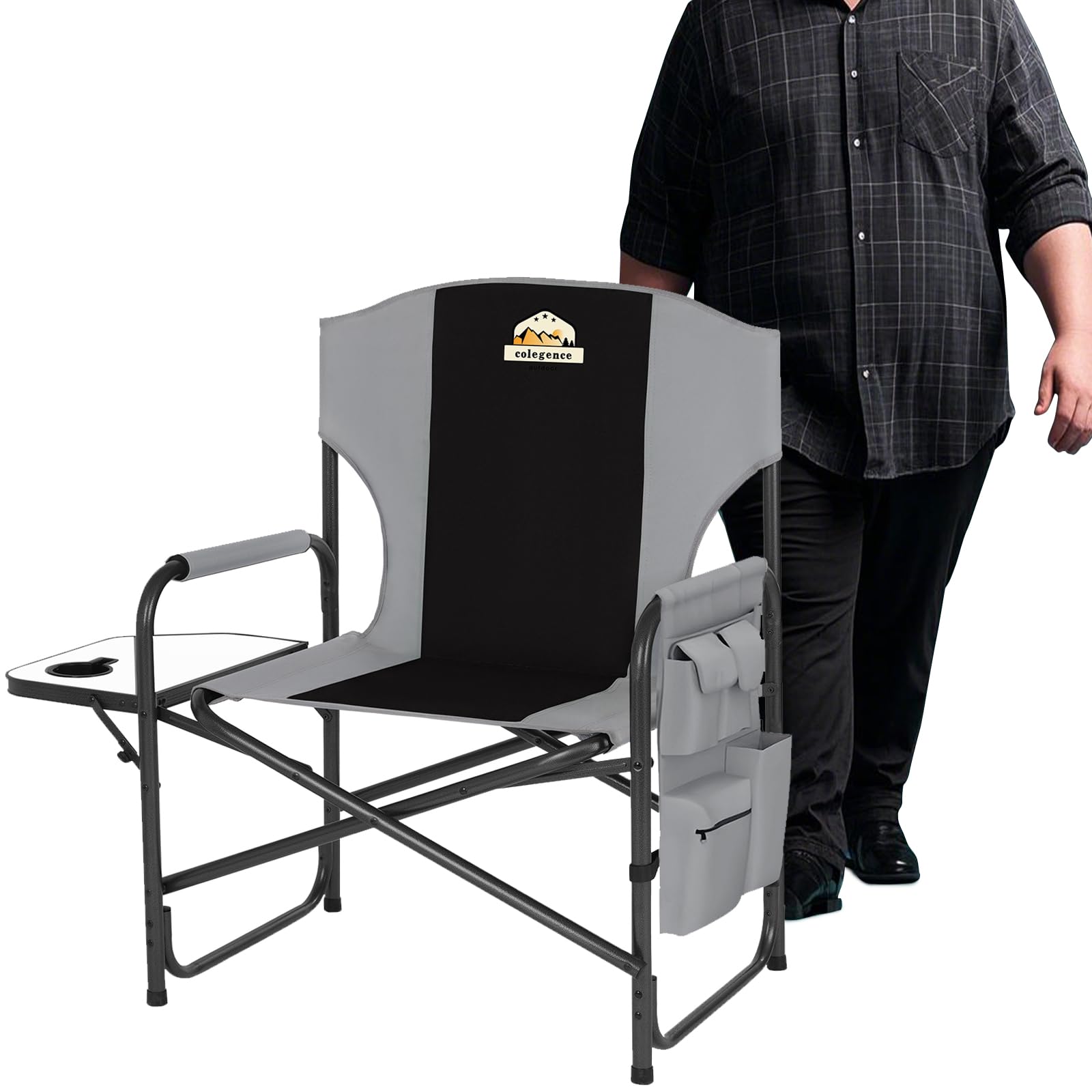 Heavy Duty Oversized Camping Chair with 600 LB Capacity - Folding Outdoor Chair with Detachable Side Pocket & Adjustable Side Table - Perfect for Beach, Lawn, Fishing, Tailgating & Backyard Relaxation (Black)