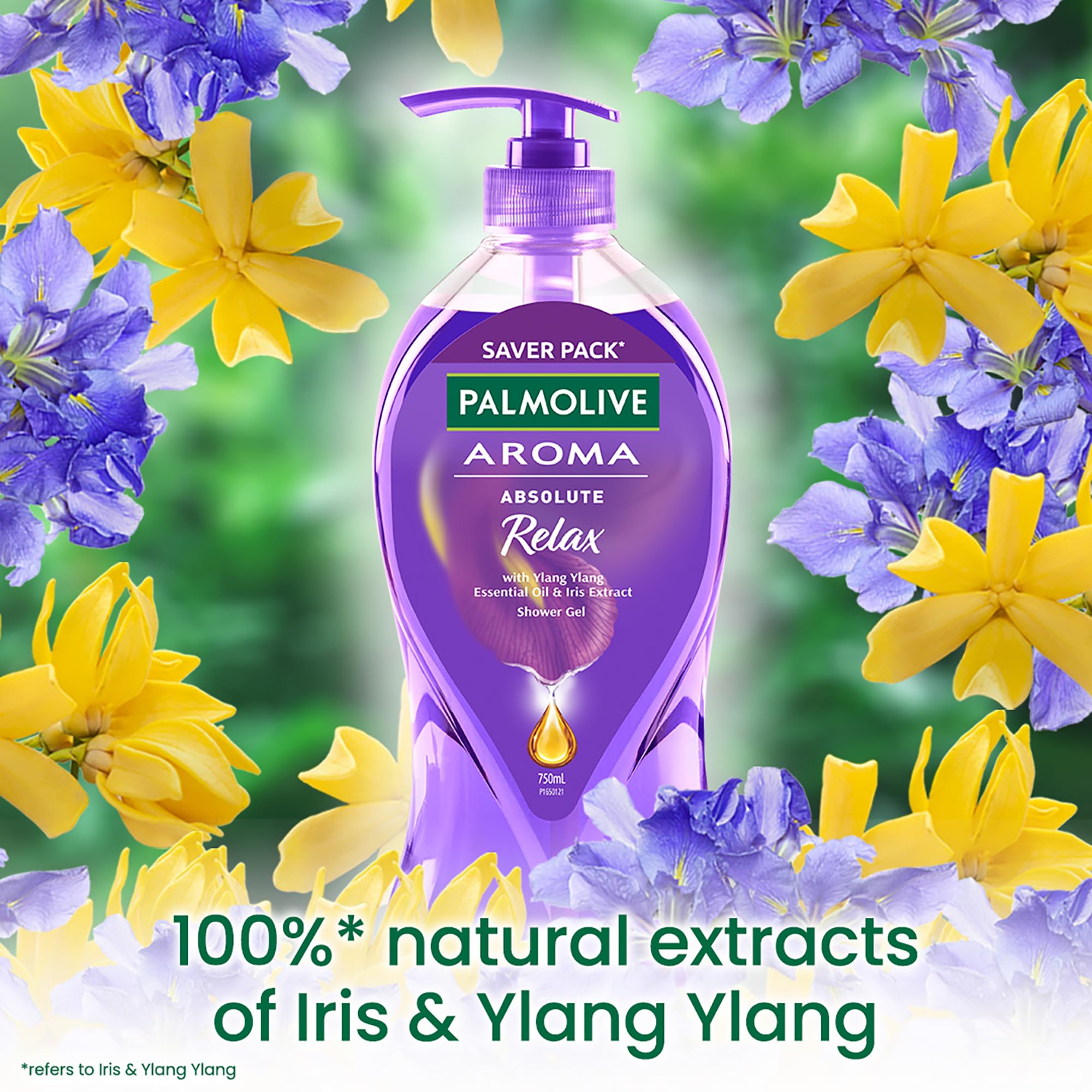 Palmolive Aroma Absolute Relax Body Wash for Women & Men - 750ml Shower Gel with 100% Natural Ylang Ylang & Iris Essential Oils | pH Balanced for Soft, Smooth Skin | Single Pump Bottle | Perfect for Stress Relief & Spa-Like Relaxation at Home