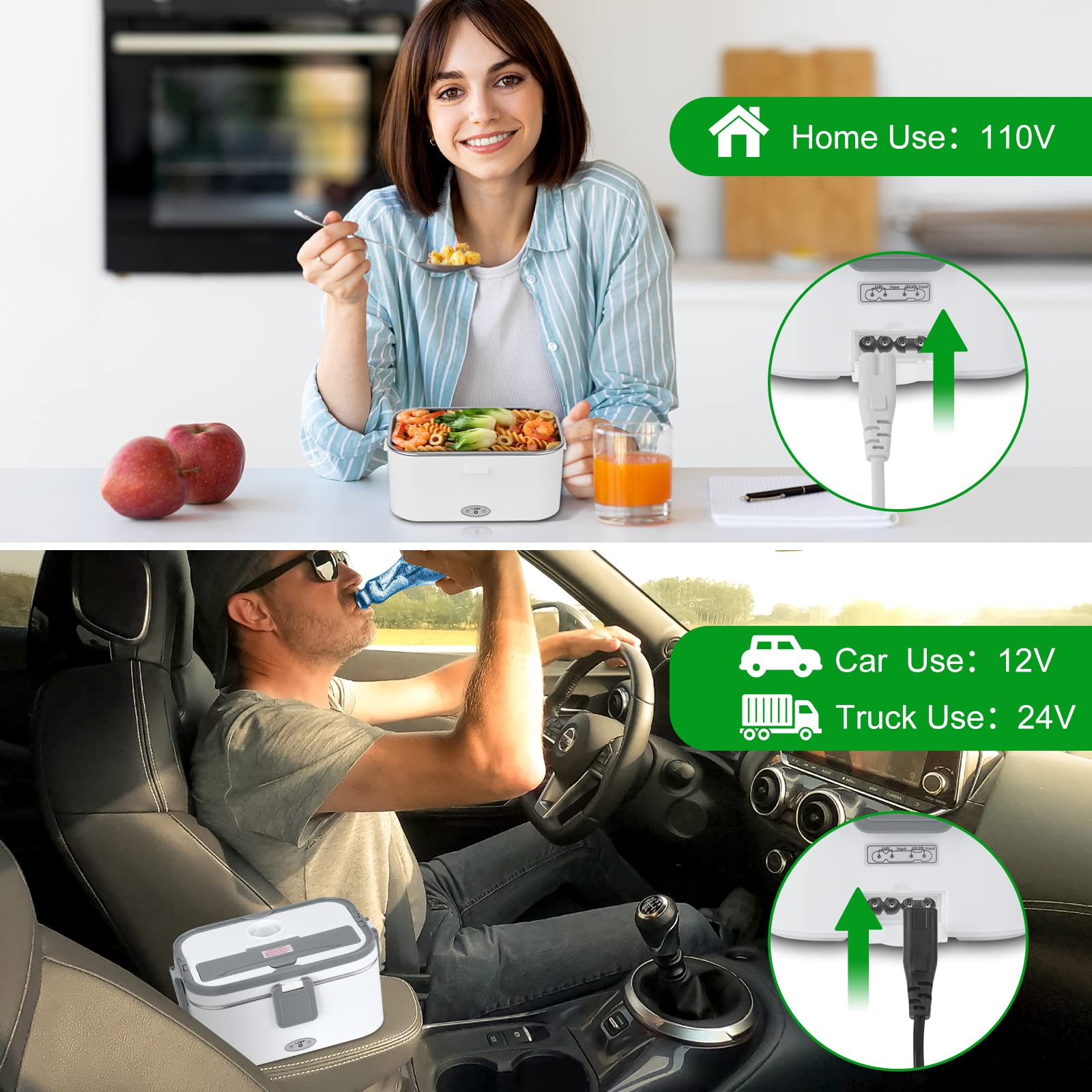 FVW 80W Electric Lunch Box - Portable Food Warmer for Car, Truck & Home - 1.8L 304 Stainless Steel Container with 0.45L Compartment - 12V/24V/110V Self-Heating Meal Box (White & Grey) - Perfect for Commuting, Road Trips & Office Lunch