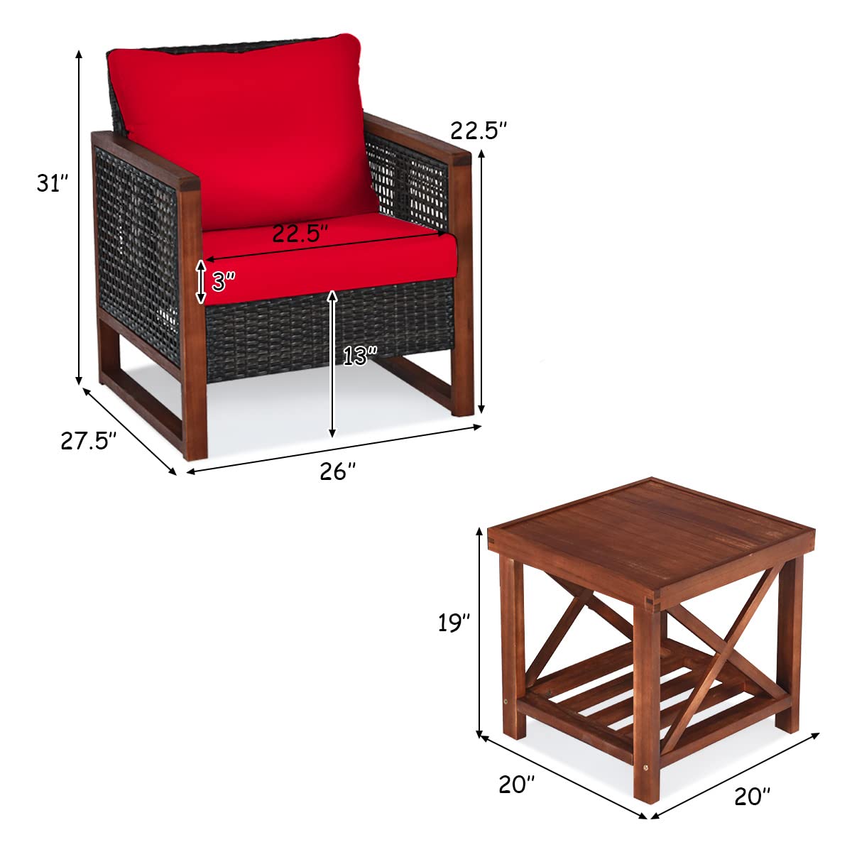 HappyGrill 3-Piece Outdoor Patio Furniture Set - Acacia Wood Wicker Chairs with Coffee Table & Washable Cushions - Perfect for Balcony, Porch, Garden, Poolside & Backyard Relaxation