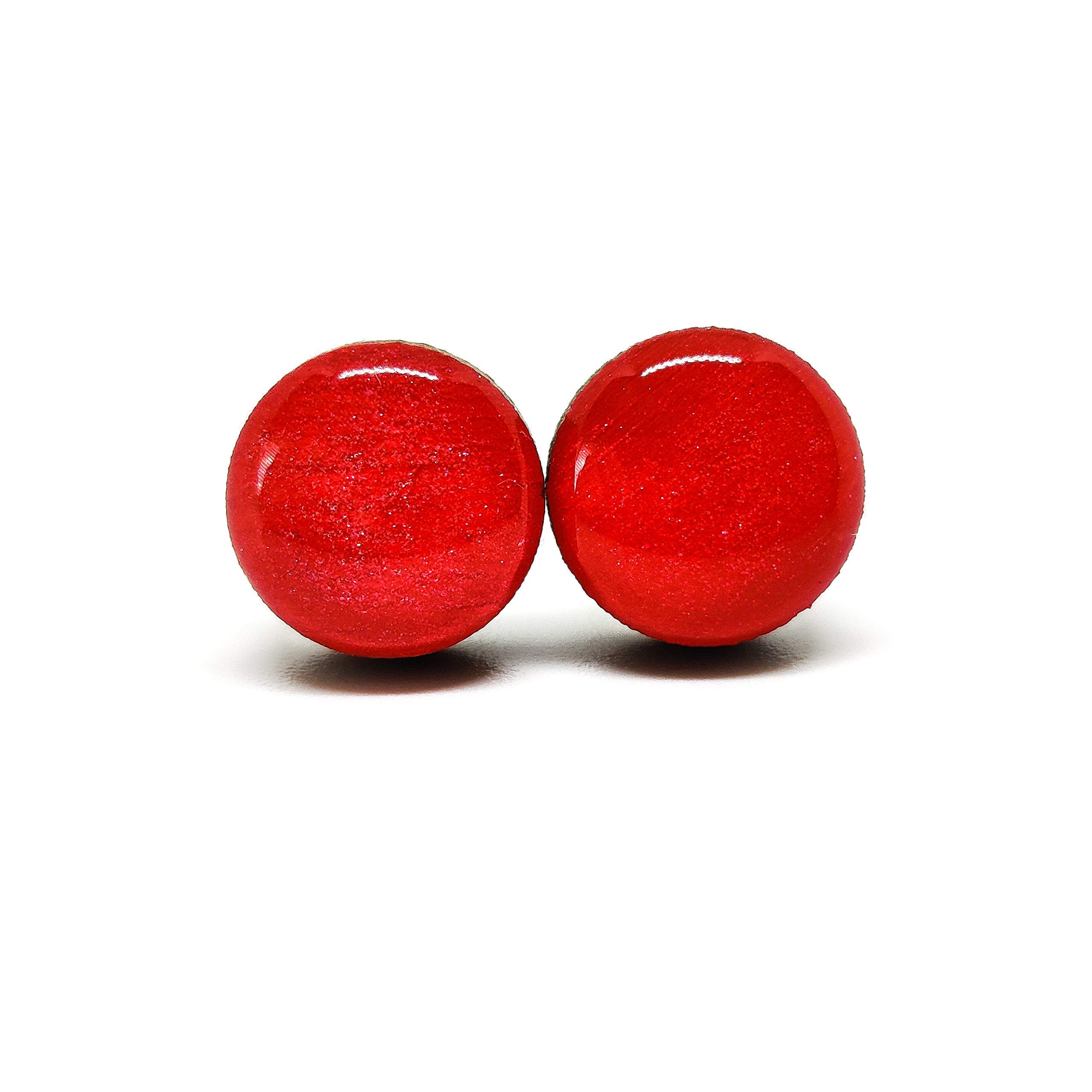 Handmade Shimmer Stud Earrings for Women & Men - 10mm Stainless Steel Posts for Sensitive Ears (Scarlet Red) - Perfect for Everyday Wear, Gifts & Special Occasions