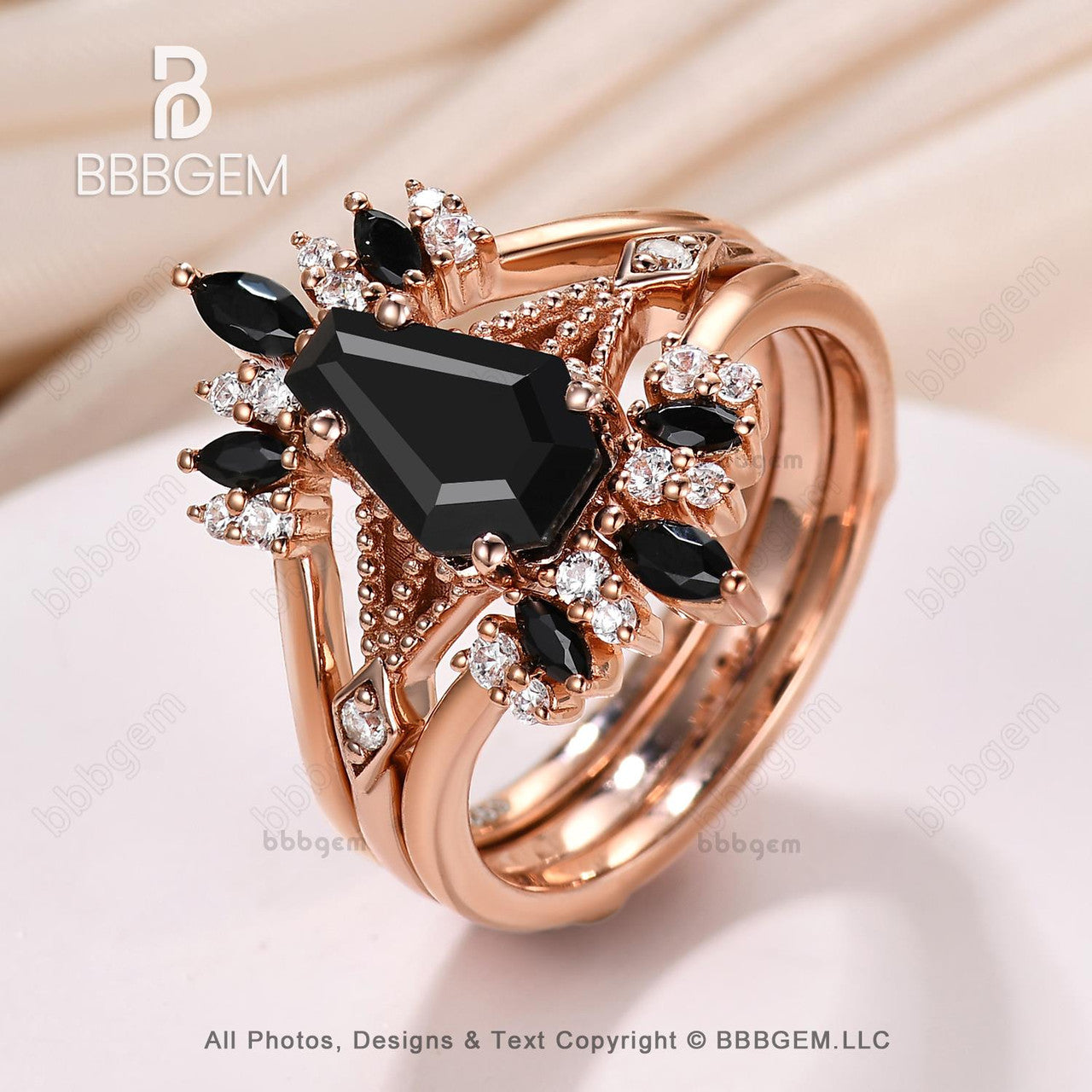 14K Gold Coffin Engagement Ring Set with Black Onyx August Birthstone & Diamond Stacking Enhancer Band - Perfect for Proposals, Anniversaries, and Stackable Wedding Jewelry