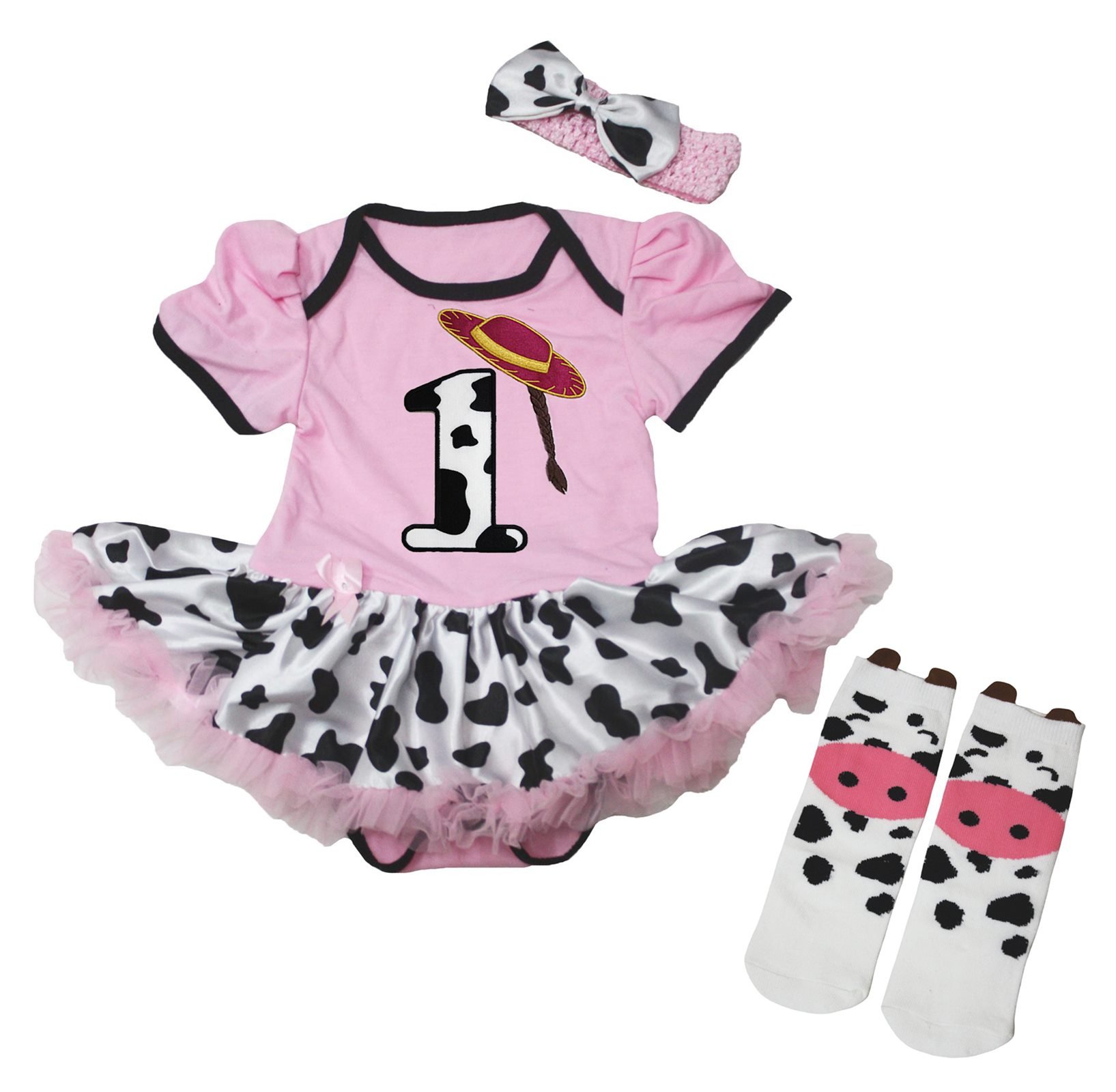 Petitebella 1st Cowgirl Outfit Set - Pink Cow Print Bodysuit, Tutu Skirt & Socks for Newborn to 18 Months | Western Baby Girl Costume for Photoshoot, Birthday Party & Cowgirl Theme Events