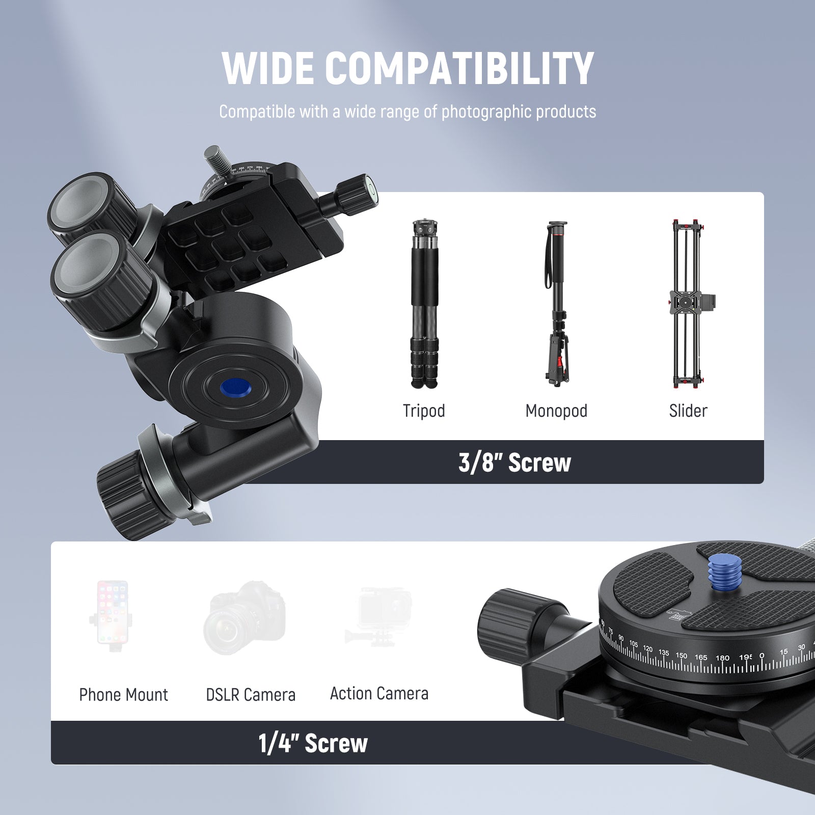 NEEWER TH15/TH16 3-Way Geared Tripod Head for DSLR Camera - Professional Fluid Video Head with Smooth Pan Tilt Controls - Perfect for Photography, Videography & Live Streaming