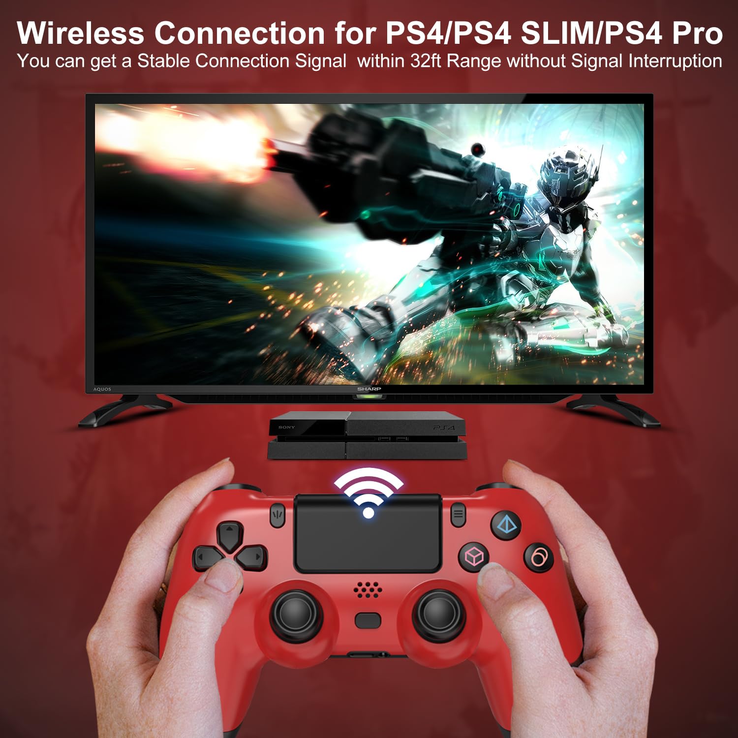 Wireless PS4 Controller with 3.5mm Headphone Jack - Compatible with PS4/PS4 Slim/PS4 Pro/PC, 800mAh Battery, Dual Vibration & Turbo Function - Red - Perfect for Gaming, Streaming & Long Play Sessions