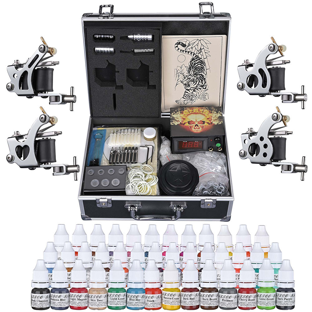 Professional Tattoo Kit with 4 Machines, LCD Power Supply & 40 Ink Colors - Complete Starter Set with Case - Perfect for Beginners & Professional Tattoo Artists at Home or Studio
