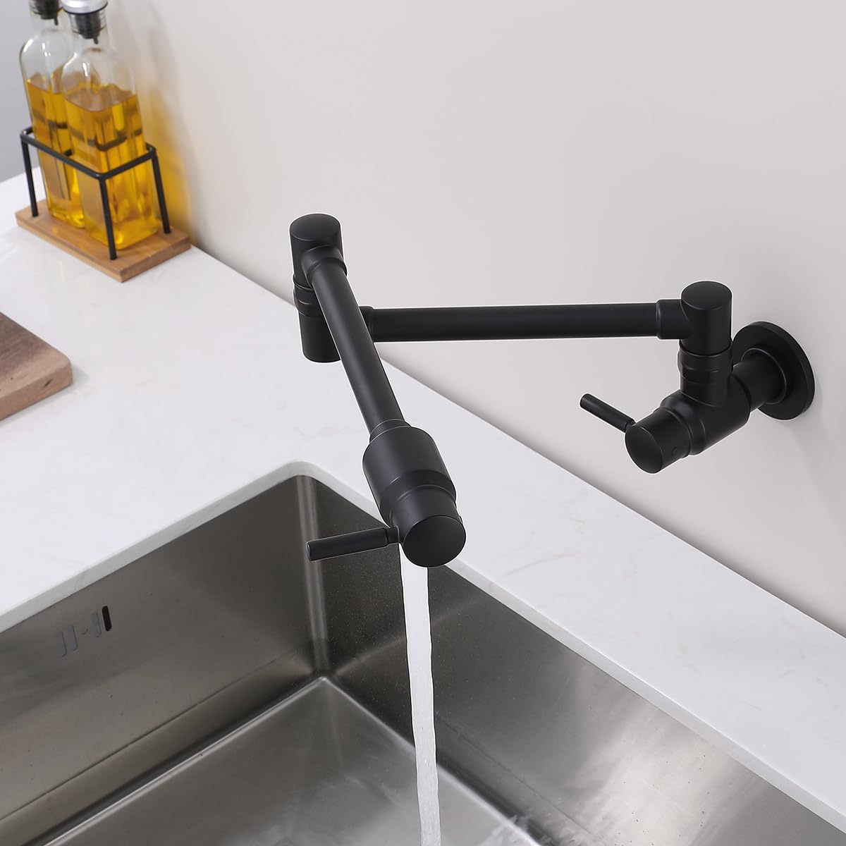 Premium Black Brass Wall-Mounted Pot Filler Faucet with Double Joint Swing Arm - NSF Certified Lead-Free (Model RD-81916-MB) - Ideal for Kitchen Sink, Stove Area & Modern Cooking Spaces