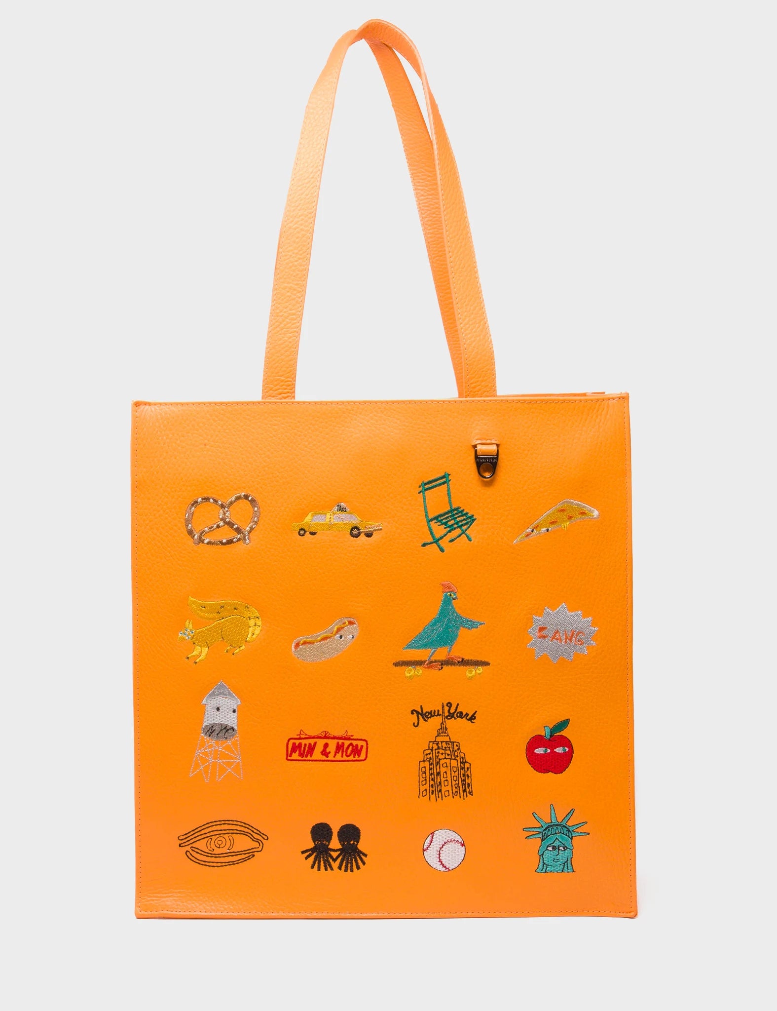 Marko Blazing Orange Leather Tote Bag with Eye Love New York Embroidery - Stylish Women's Handbag for Work, Travel & Everyday Use