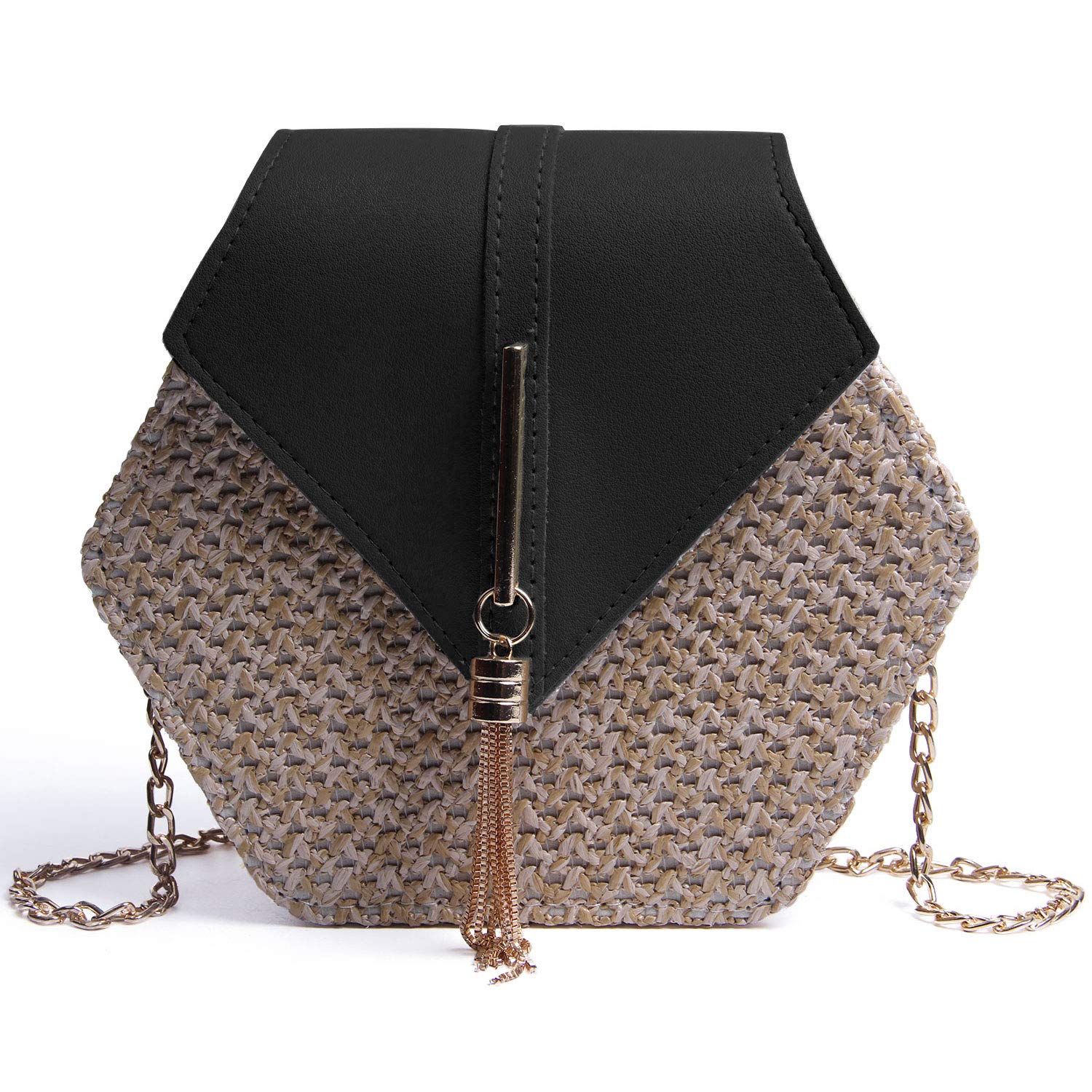 WOG2008 Women's Summer Straw Crossbody Bag - Woven Chain Fringe Small Square Purse with Tassel | Stylish Beach Handbag for Vacation, Shopping & Outdoor Activities