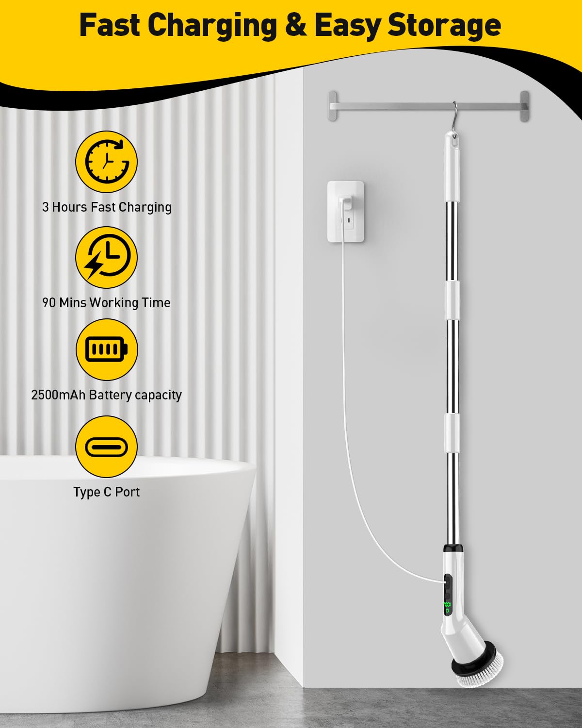 Electric Spin Scrubber Cordless - IPX7 Waterproof Bathroom Cleaner with 3 Brush Heads & 2 Speed Settings - Perfect for Shower, Tub, Tile, Kitchen, and Toilet Cleaning - White