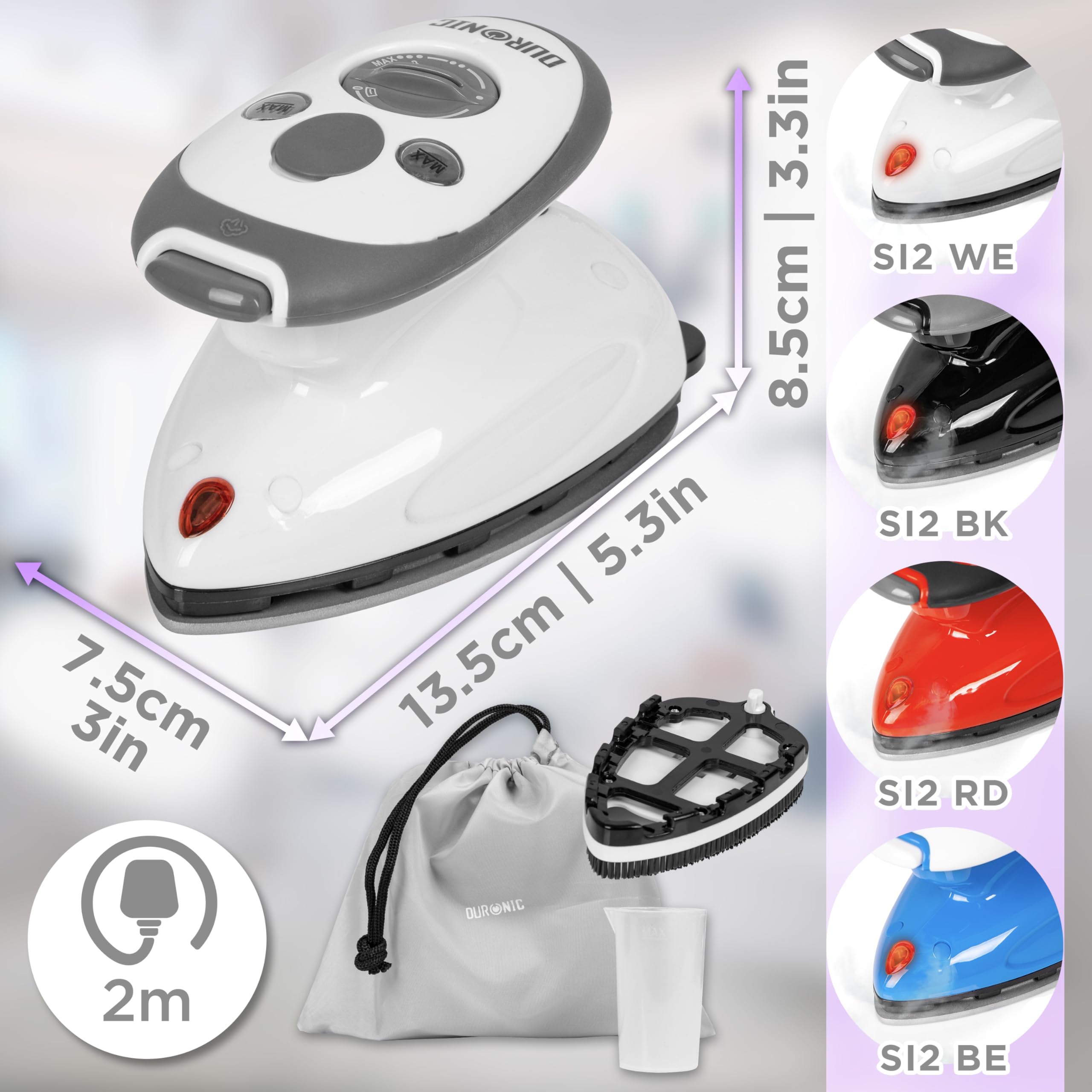 Duronic SI2 WE Mini Travel Iron - 375W Compact & Lightweight Portable Steam Iron with 50ml Water Tank & Adjustable Heat Settings - Perfect for Travel, Quilting, Patchwork, Applique & Craft Projects