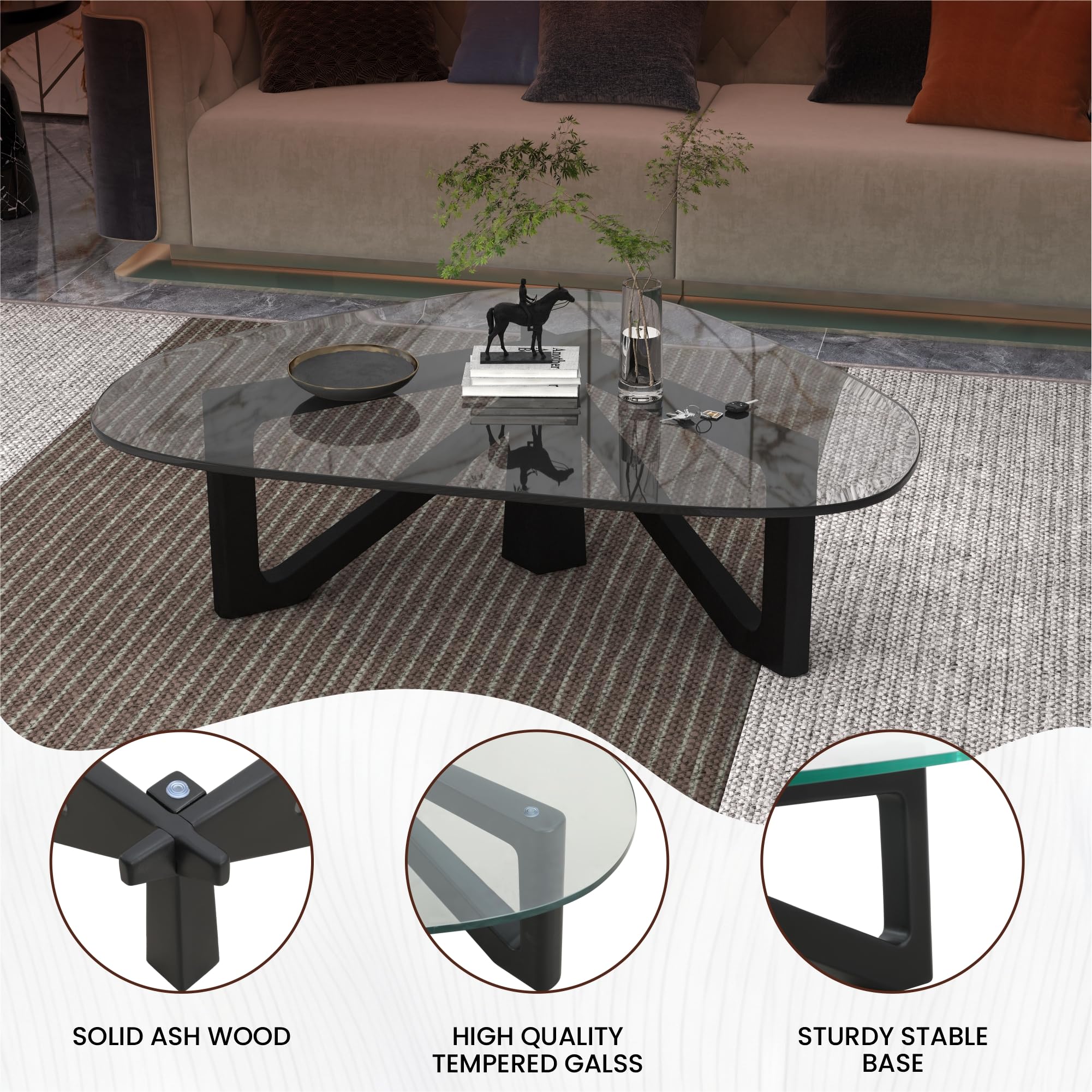 LeisureMod Imperial Glass Top Triangle Coffee Table with Black Base - Modern Living Room Furniture for Small Spaces, Apartments & Home Decor