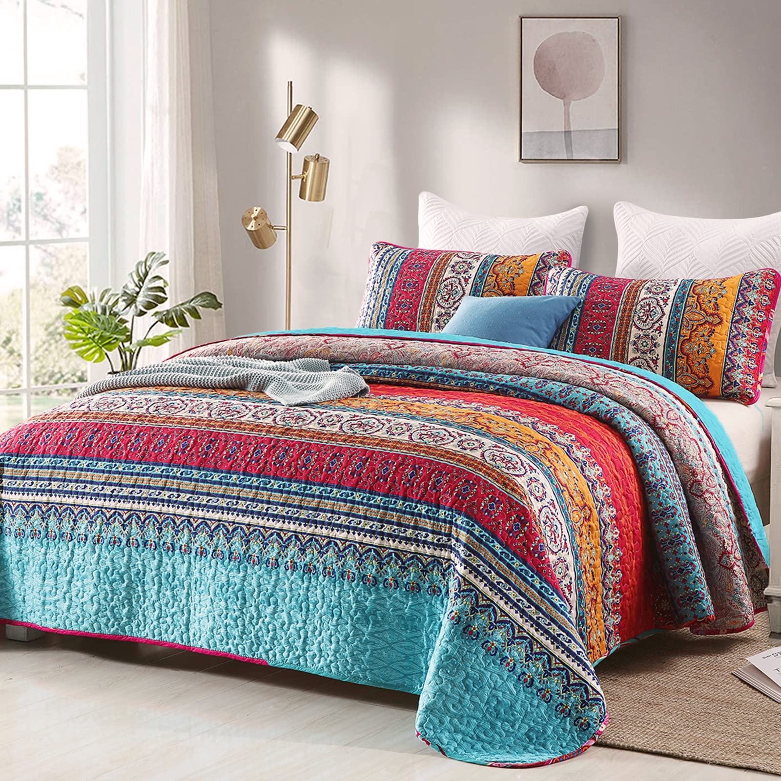 WONGS BEDDING King Size Boho Quilt Set - Blue Bohemian Style Lightweight Bedspread (3 Pieces, 103