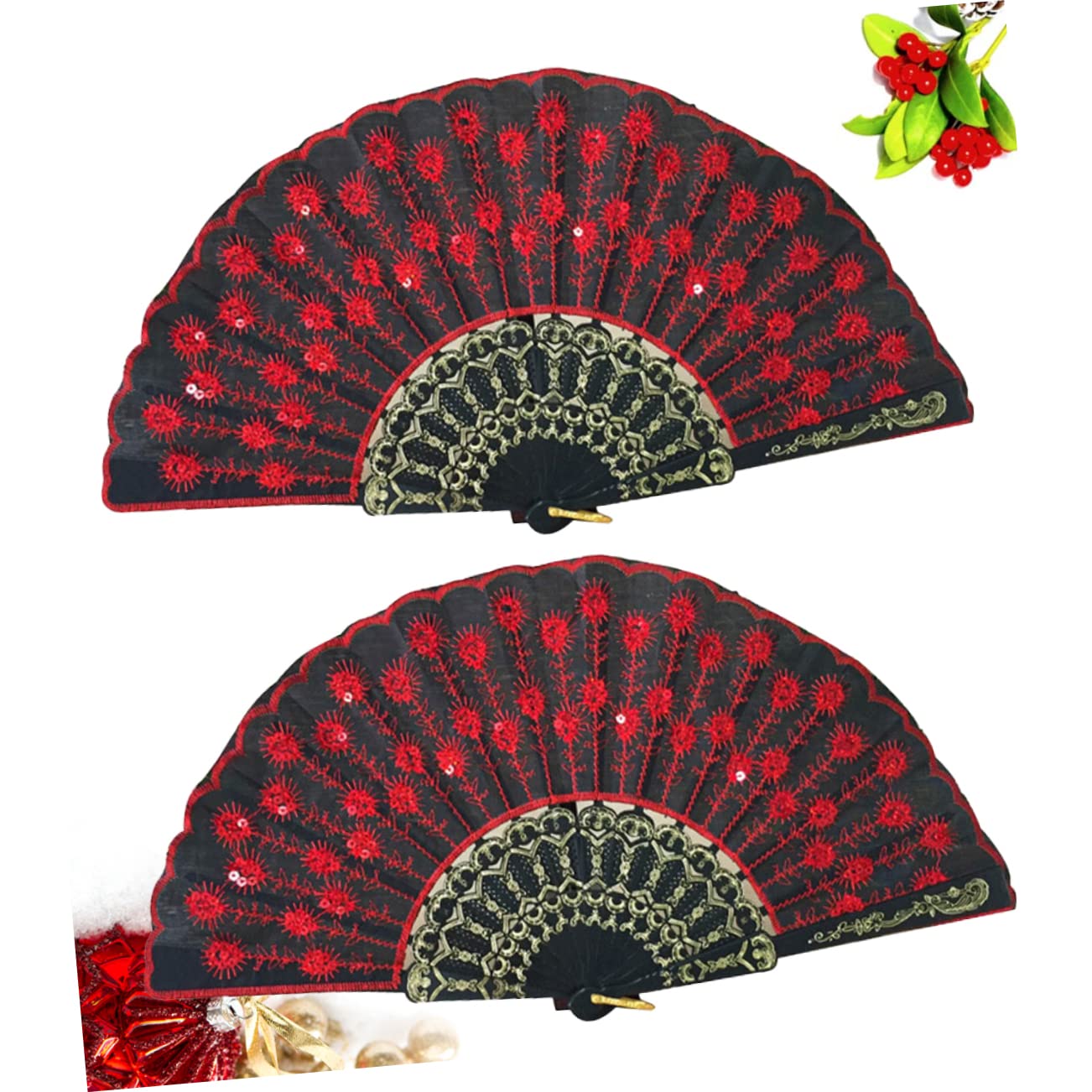 2pcs Red Sequins Floral Folding Hand Fan - Asian Style Dance Fan with Glitter for Parties, Church, Performances & Crafts | Perfect for Belly Dancing, Wedding Favors & Home Decor