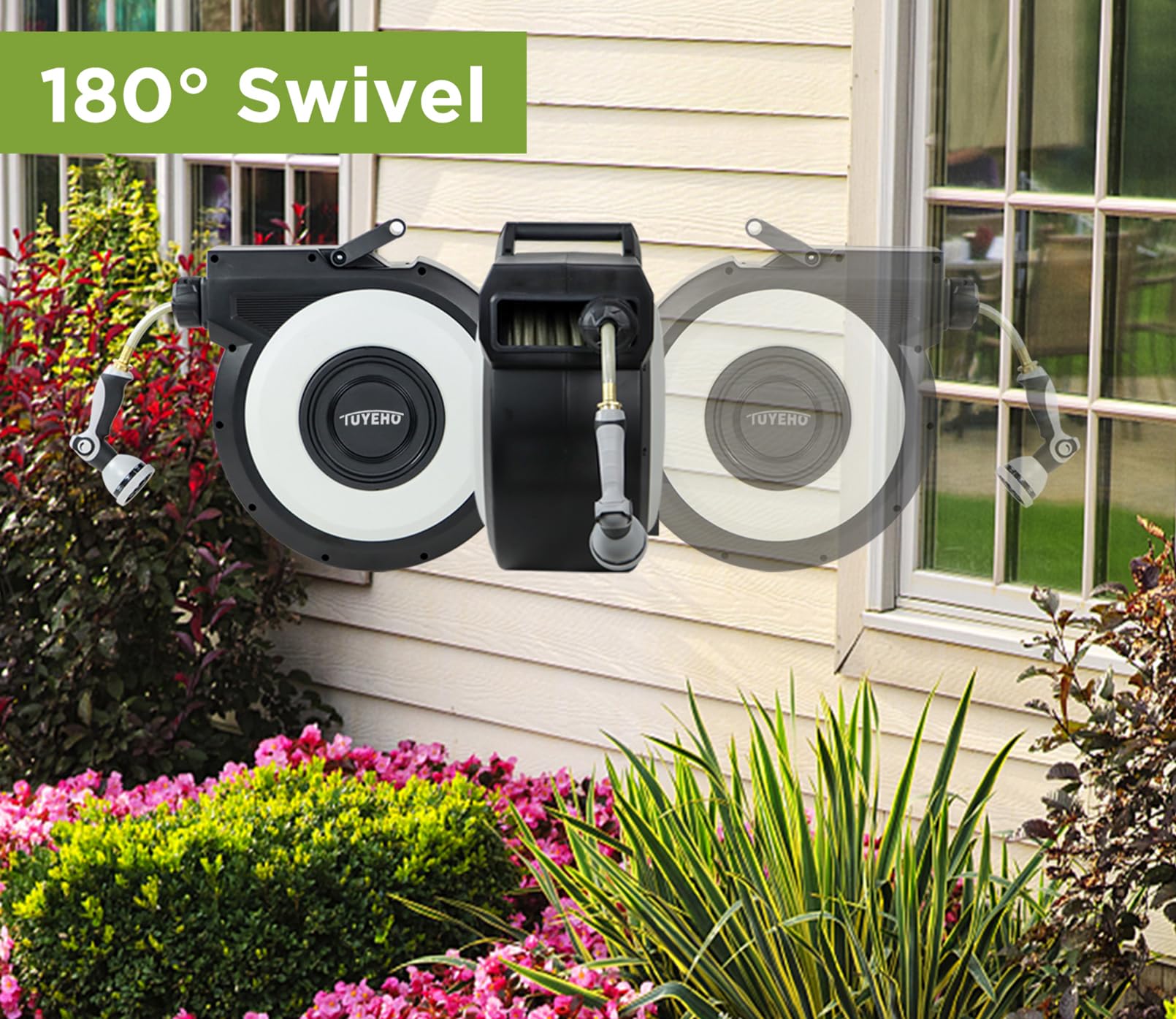 Tuyeho 130 FT Retractable Garden Hose Reel - Heavy Duty Wall Mount Water Hose Reel with Automatic Slow Rewind System - Includes 2 Hose Nozzles - Perfect for Garden Watering, Car Washing, Pet Bathing & Outdoor Cleaning