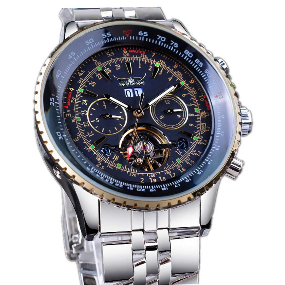 Luxury Men's Automatic Mechanical Wrist Watch - Golden Bezel, Big Dial, Tourbillon Design, Stainless Steel with Calendar | Perfect for Business, Formal Events & Gift Giving