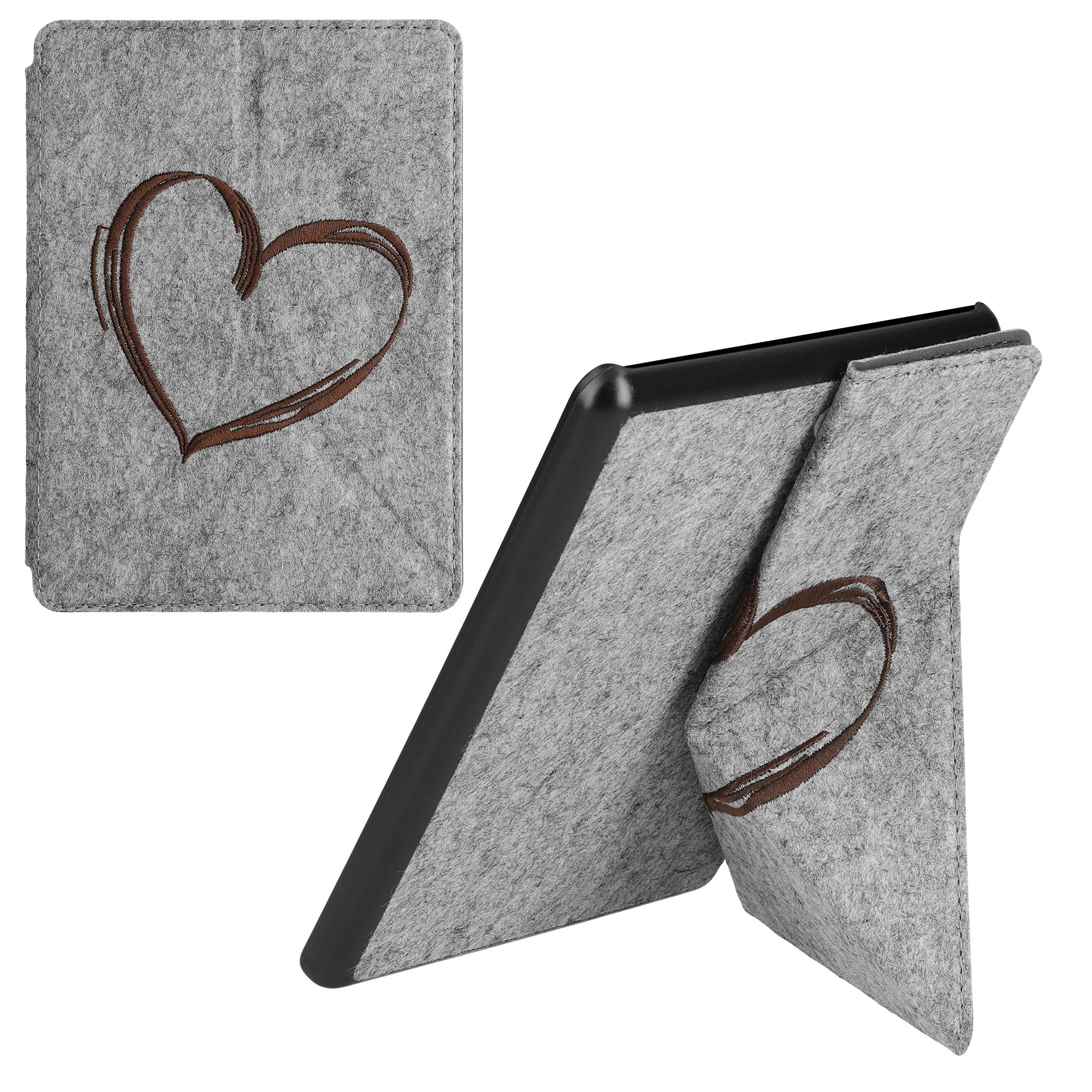 Premium Felt Origami Case for Amazon Kindle Paperwhite 11th Gen (2021) - Protective Stand Cover in Dark Brown with Brushed Heart Design - Perfect for Reading, Travel & Home Use