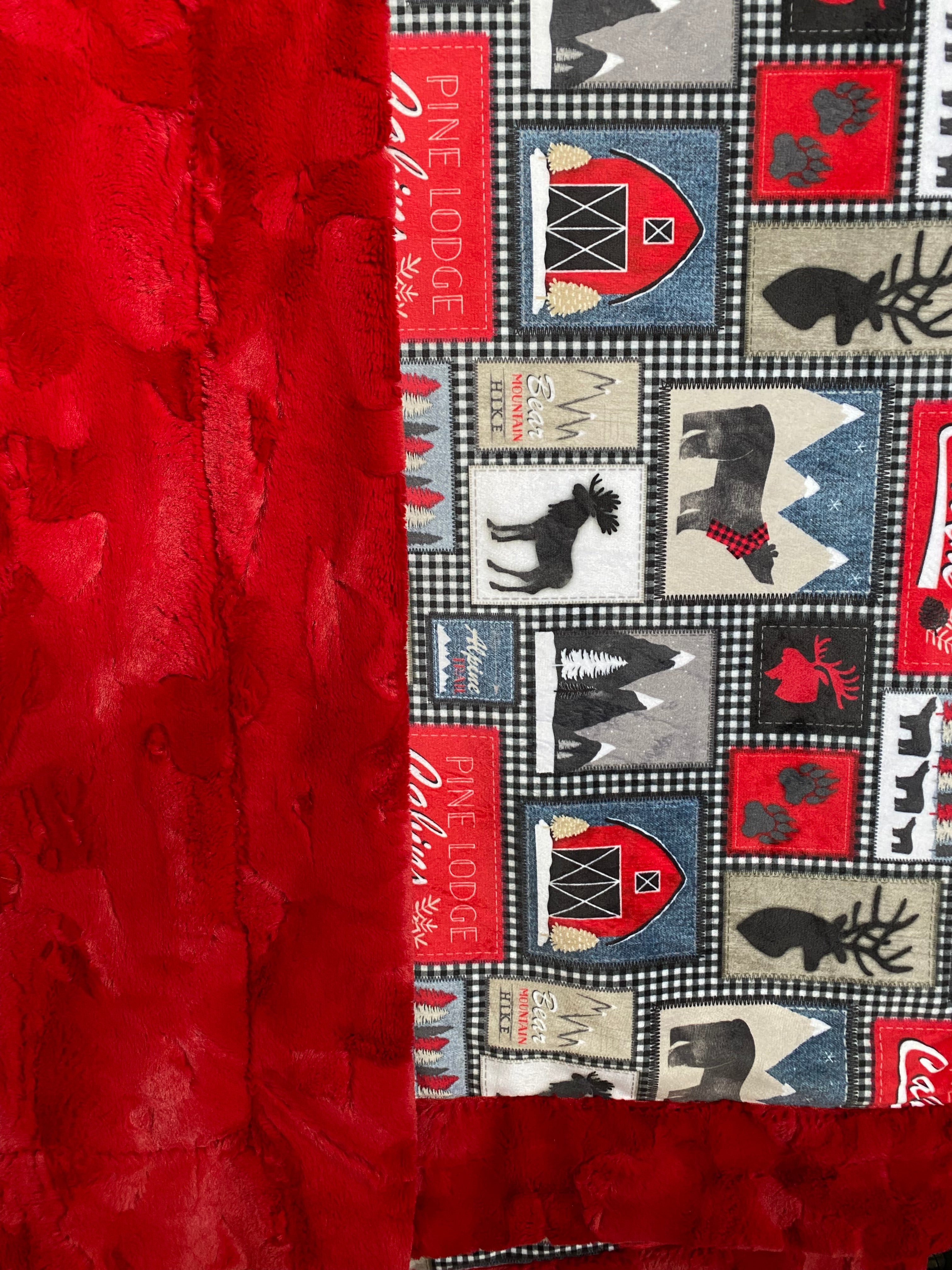 Lodge Patches Jeans on Red Luxe Hide X Wide Minky Blanket - Large 67x72 - Cozy Flannel Throw for Cabin, Camping & Winter Home Decor