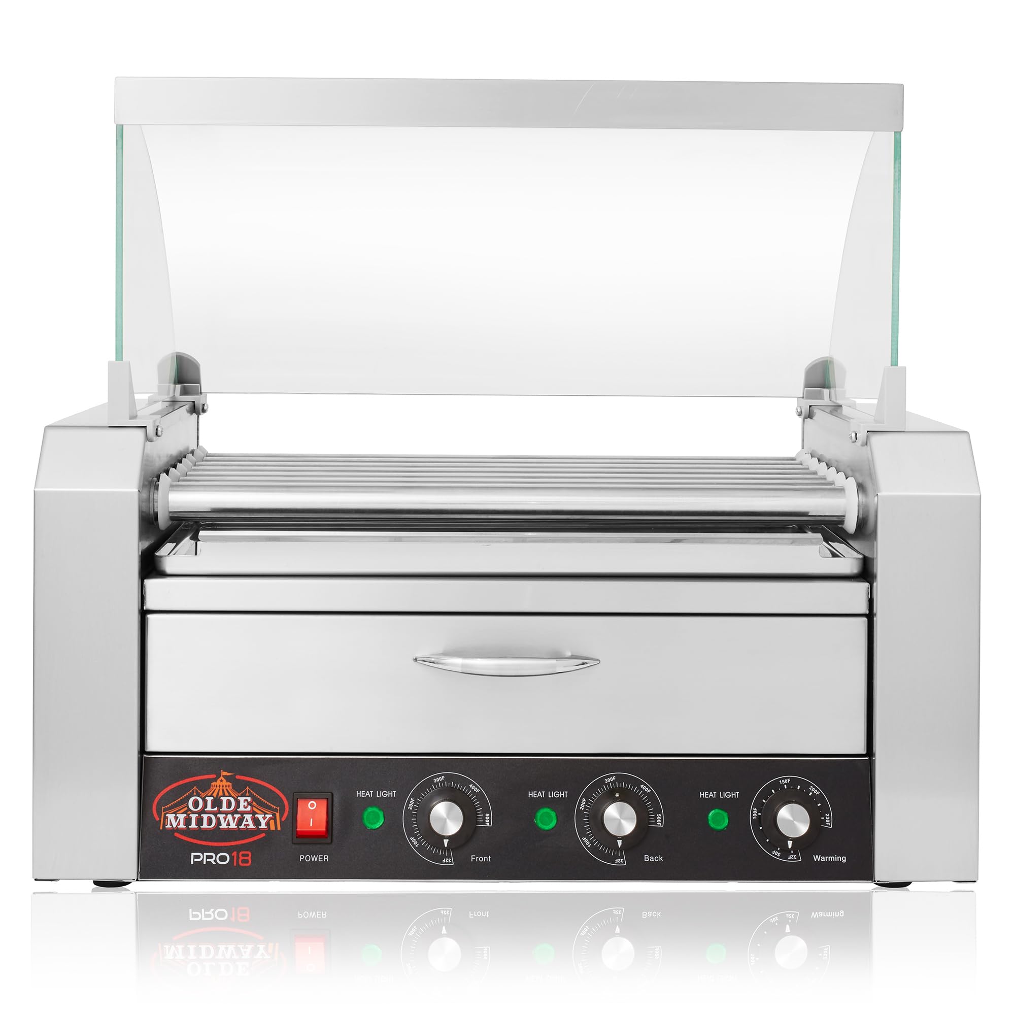 Olde Midway Electric 18 Hot Dog 7 Roller Grill Cooker Machine with Bun Warming Drawer & Cover - Commercial Grade Stainless Steel Hot Dog Roller for Restaurants, Carnivals & Concession Stands