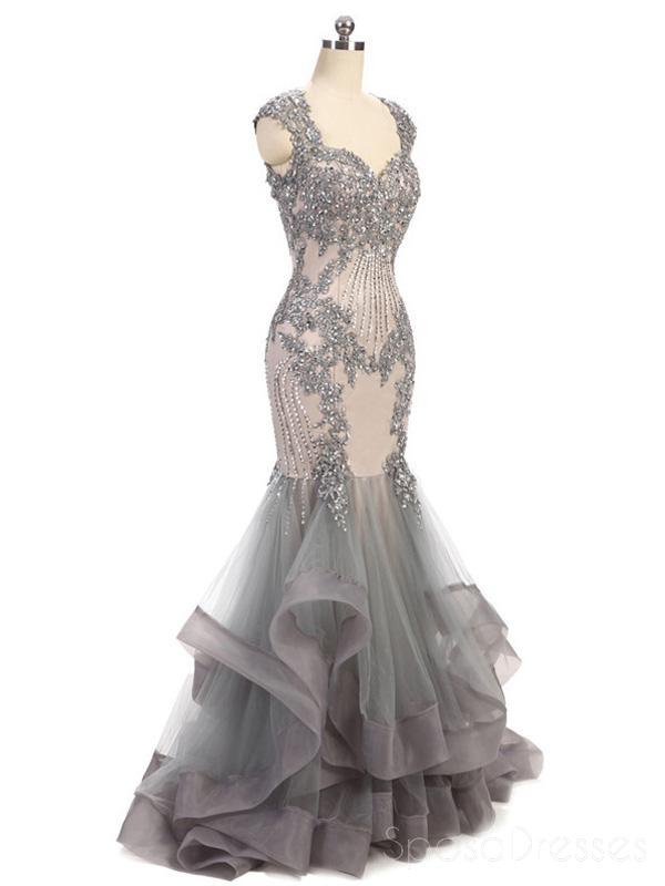 Elegant Grey Cap Sleeves Lace Beaded Mermaid Evening Gown - Long Prom Dress for Sweet 16, Homecoming & Formal Events | Style 18363