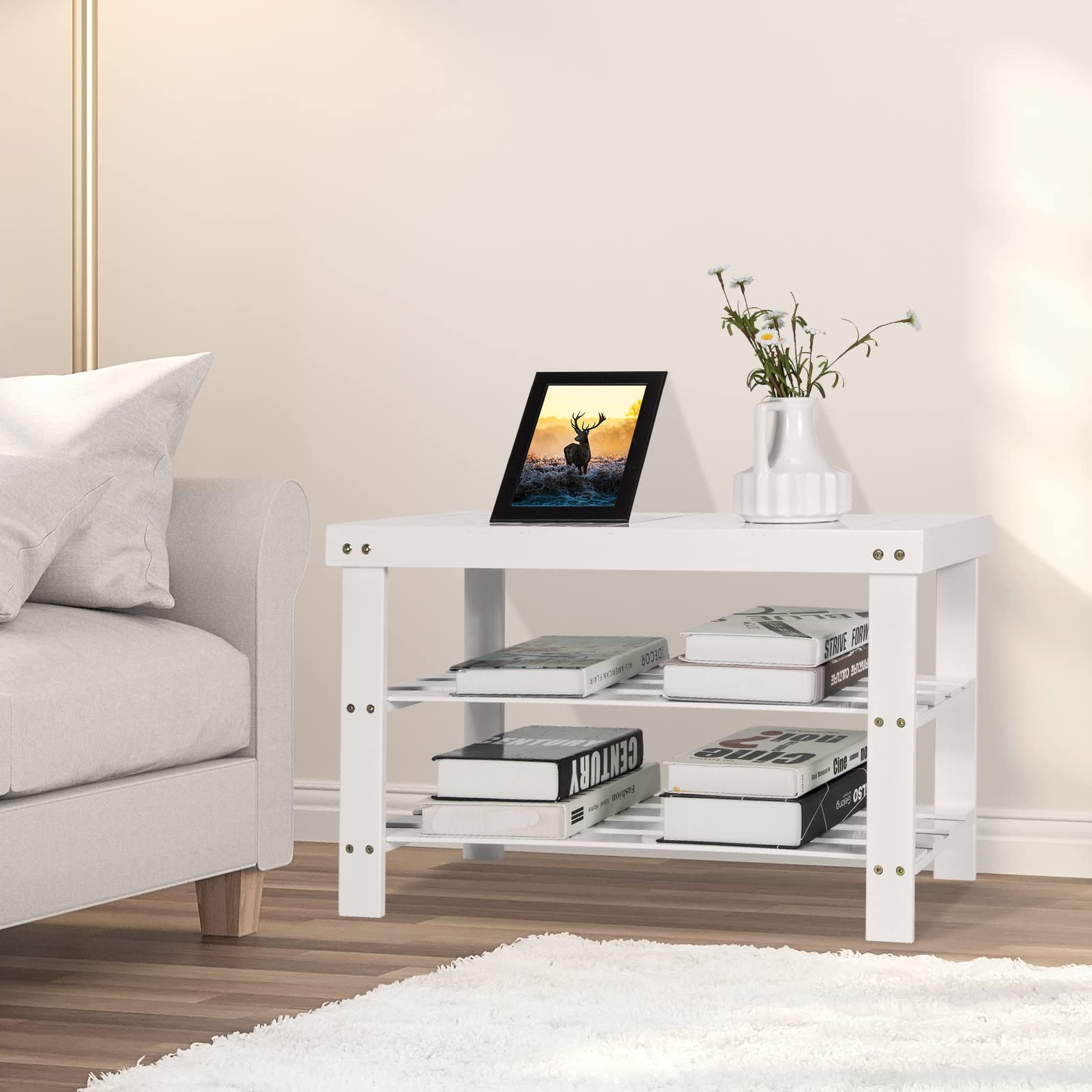 KOTEK 3-Tier Bamboo Shoe Rack Bench - Sturdy Entryway Shoe Organizer Shelf with 220 lbs Weight Capacity - Multi-Purpose Storage for Shoes, Boots & Accessories - Perfect for Hallway, Bathroom, Living Room & Bedroom (White)