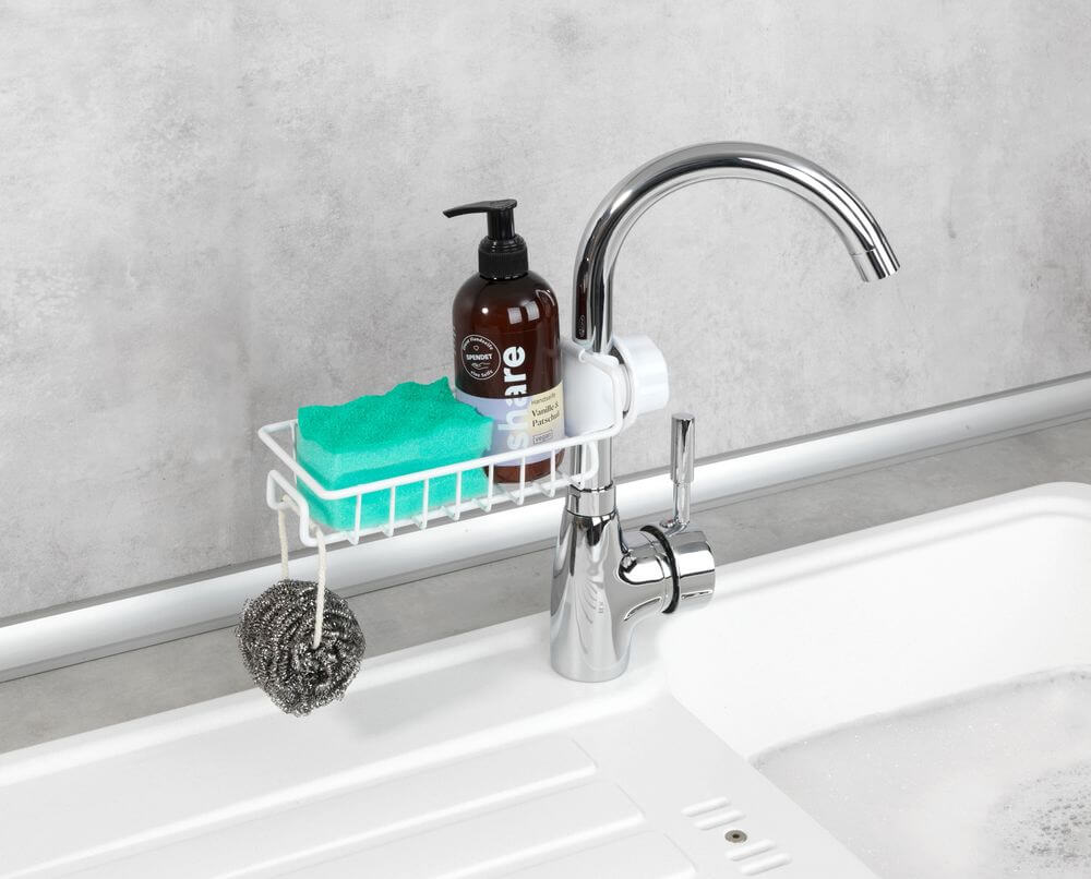 Stainless Steel Sponge Holder for Kitchen Sink - White On Tap Sponge Caddy - Perfect for Organizing Dish Sponges, Brushes & Cleaning Tools by Sink