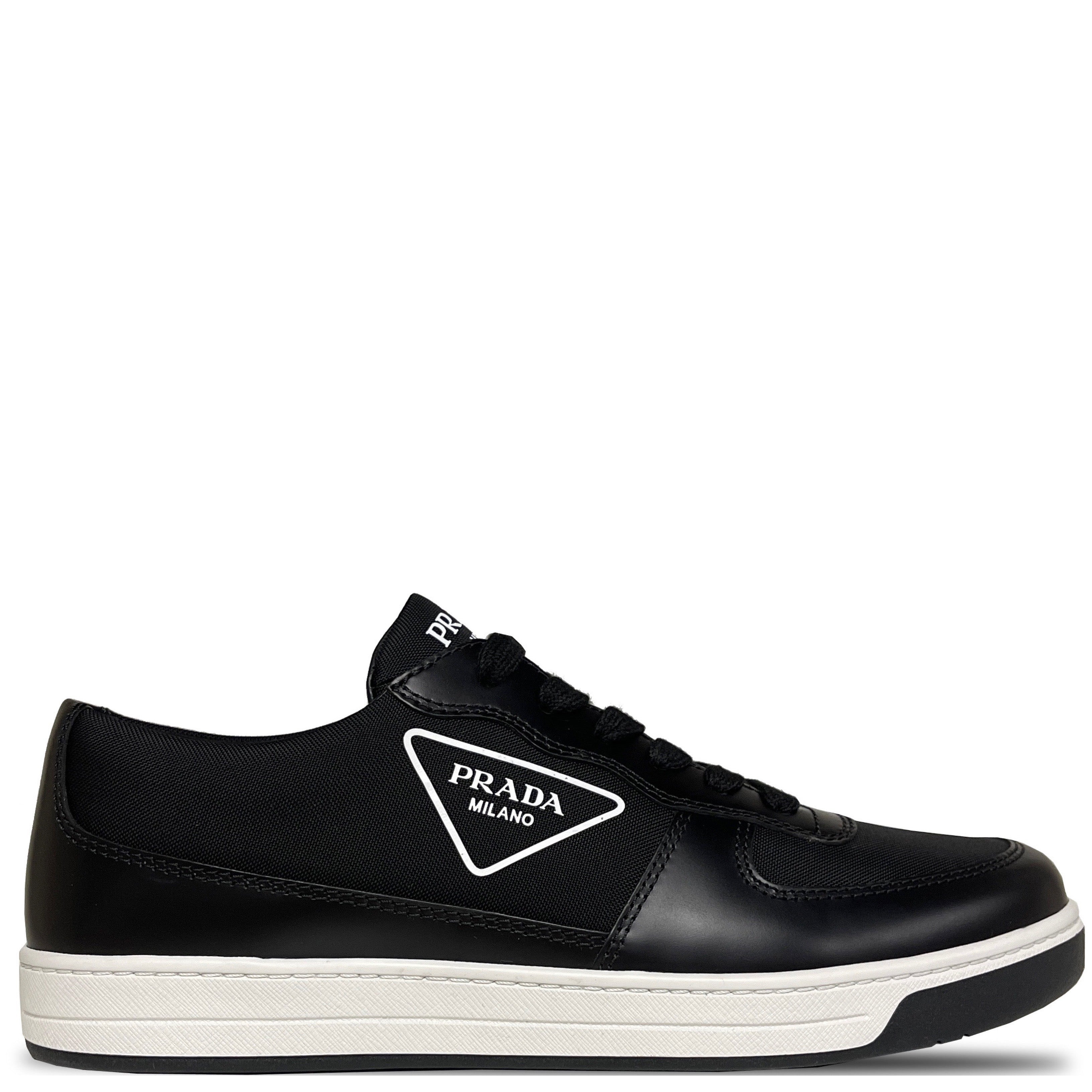 Prada Leather Triangle Logo Black & White Sneakers - Stylish & Comfortable Luxury Shoes for Women | Perfect for Casual Wear, Office & Date Night Outfits