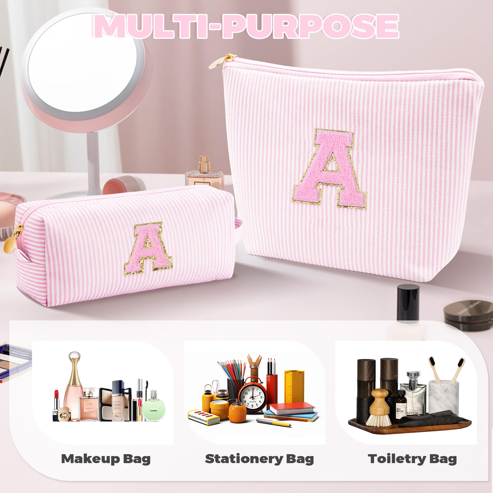 Personalized Initial Makeup Bag Set - Trendy Cosmetic & Toiletry Travel Bag for Teens | Perfect Gift for Girls Age 10-18 (Pink) | Great for School, Sleepovers, Travel & Daily Organization