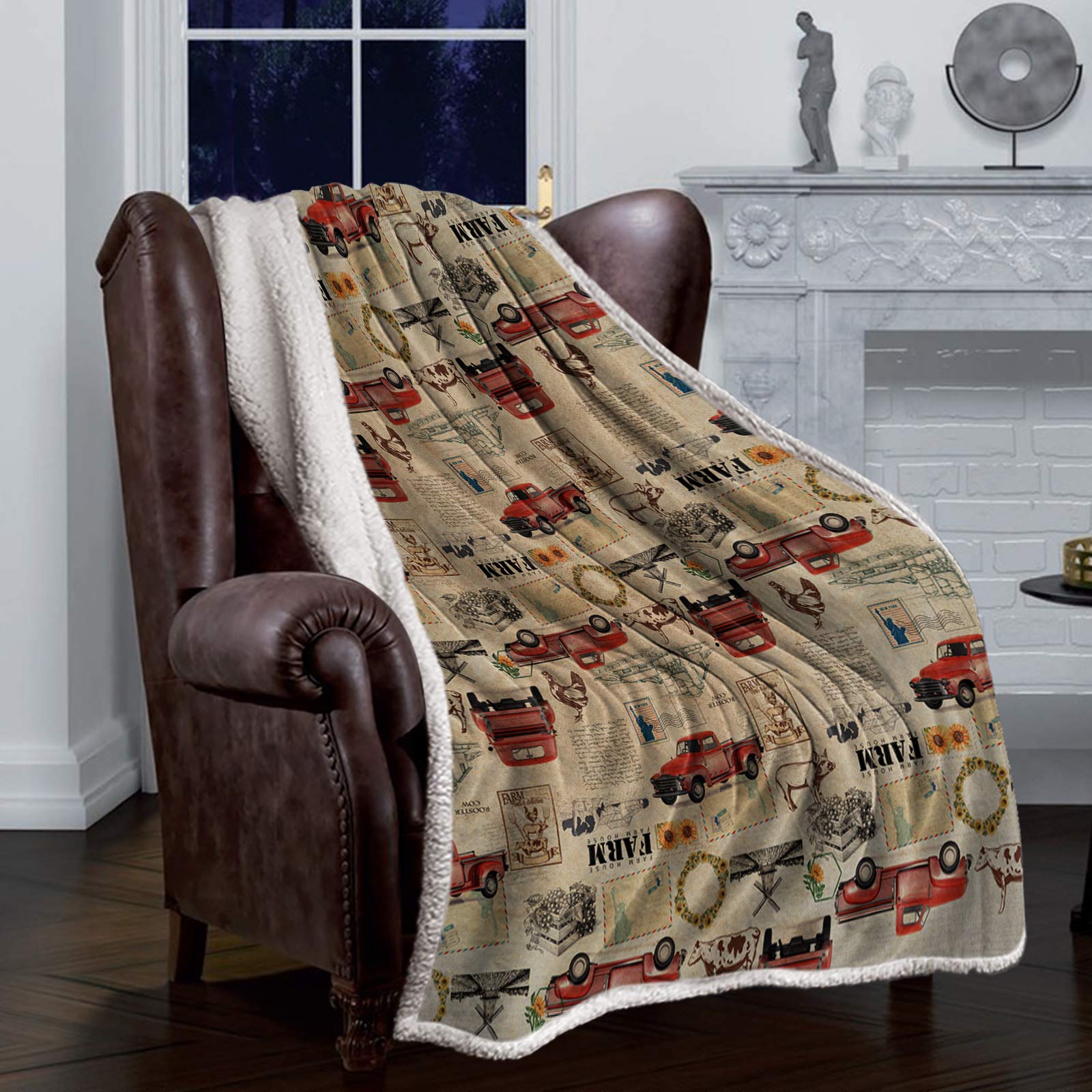 T&H XHome Sherpa Fleece Throw Blanket - Ultra Soft & Warm Reversible Microfiber Blanket (60x80 Inches) for Bed, Couch, Sofa - Farmhouse Truck & Cow Rooster Design - Perfect for Home Decor, Travel & All Seasons