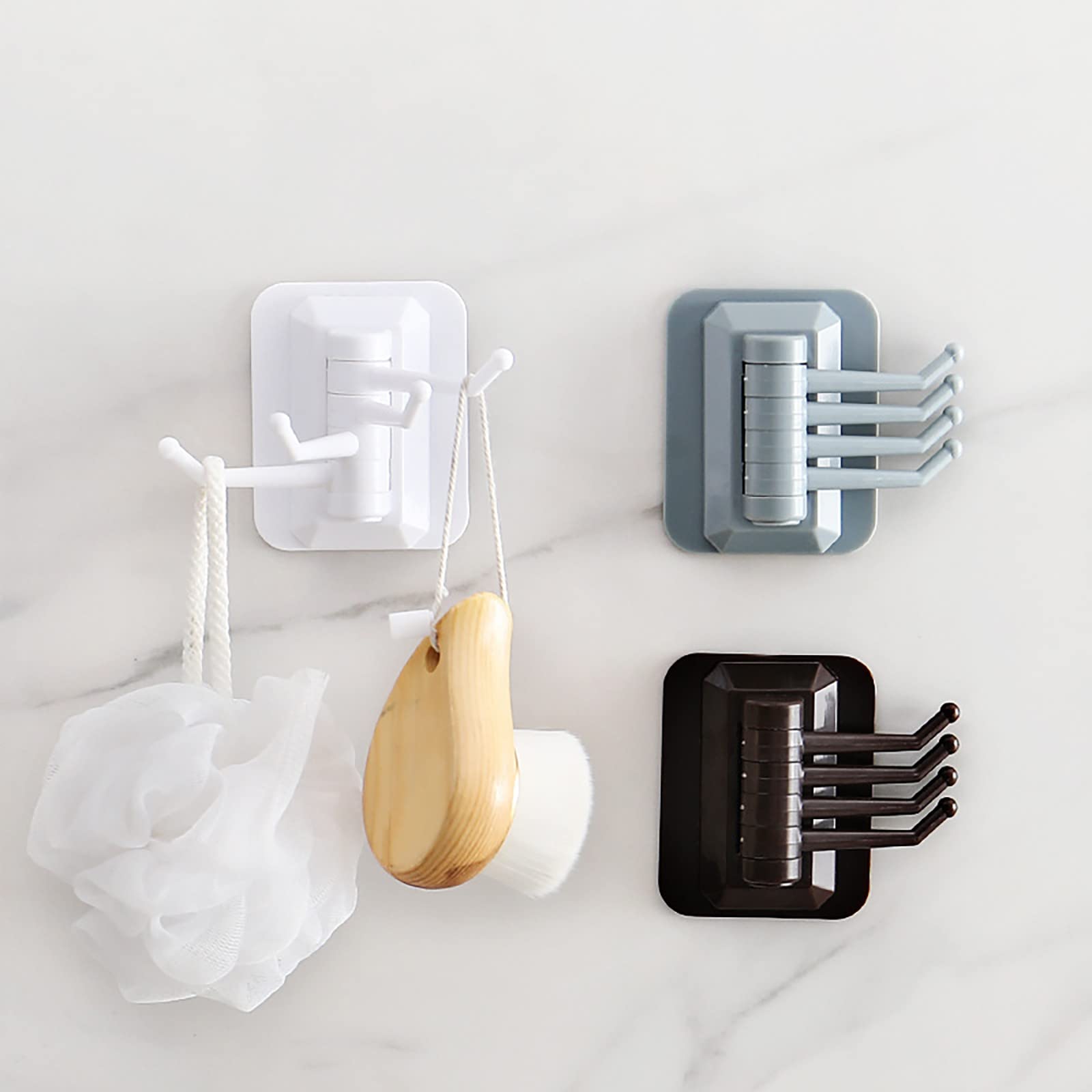 3-Pack Sticky Hooks Heavy Duty No Drill Wall Hooks, Foldable Rotatable Multi-Purpose Adhesive Hooks for Bathroom Kitchen Bedroom Office - Holds Towels, Keys, Robes, Utensils & More (Coffee Color)