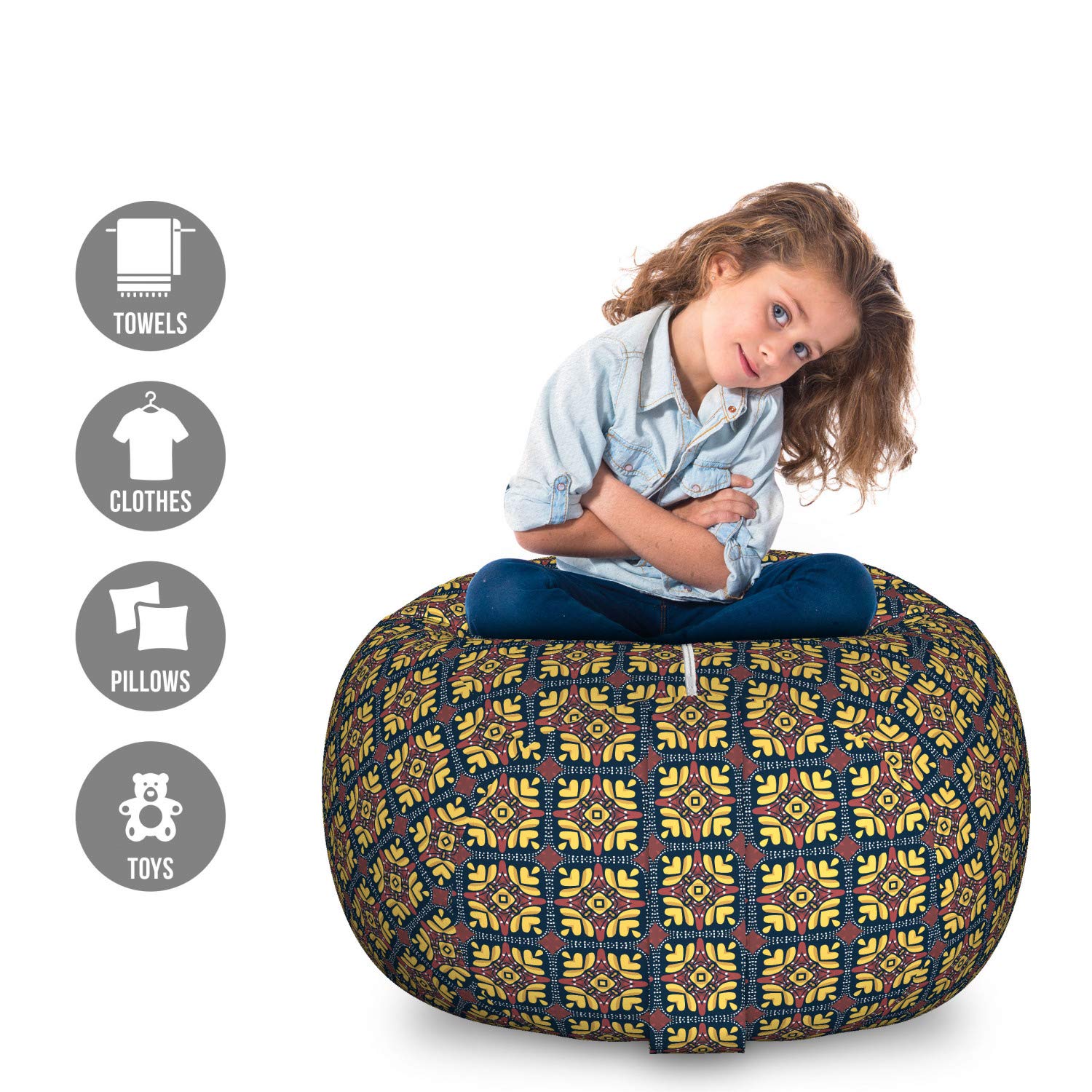 Ambesonne Retro Storage Toy Bag Chair - Large Washable Stuffed Animal Organizer with Antique Floral & Checkered Design, Art Nouveau Inspired - Perfect for Kids' Room, Nursery, Playroom & Dorm Organization