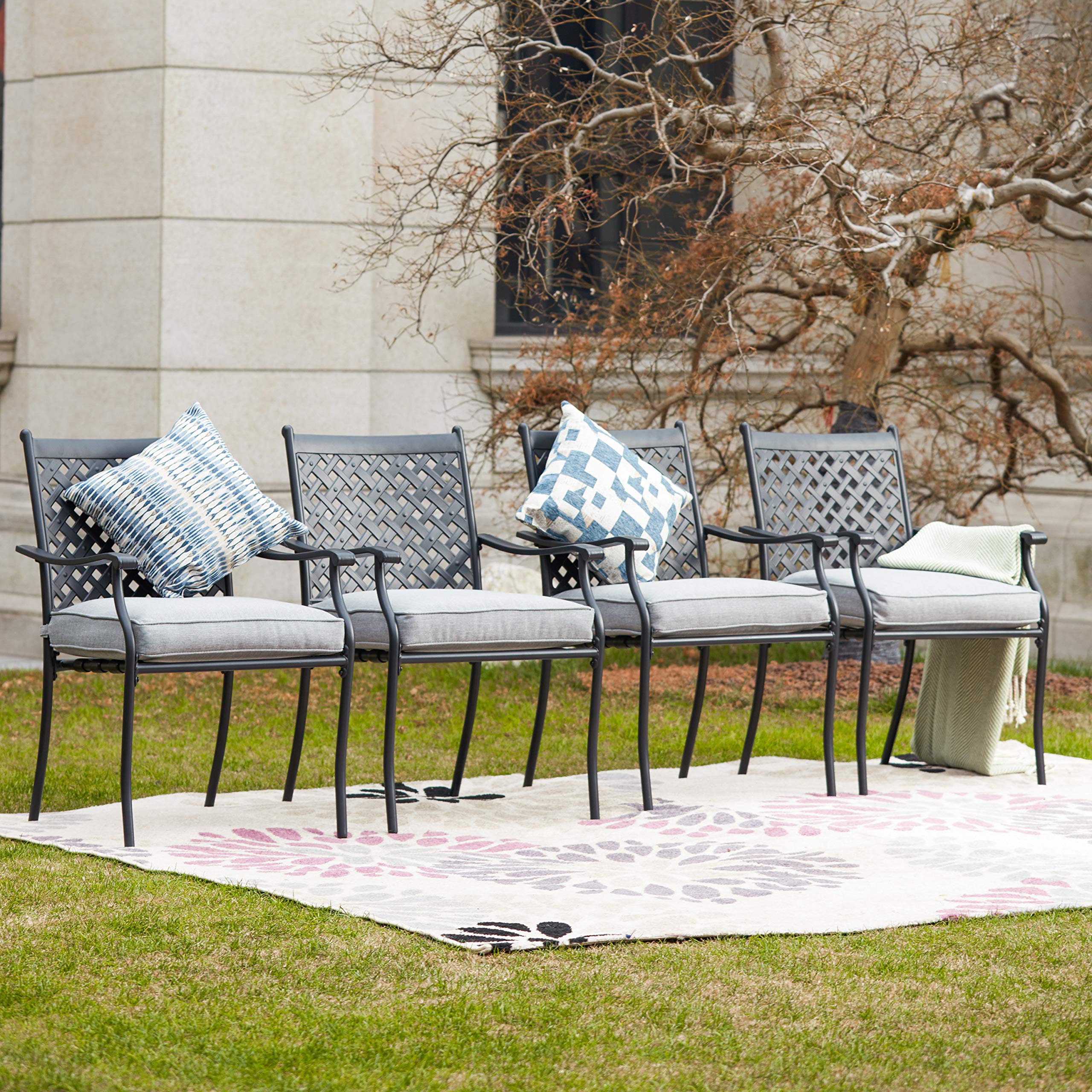 LOKATSE HOME 4-Piece Outdoor Patio Dining Chair Set - Wrought Iron Metal Chairs with Arms & Cushions (Grey) - Perfect for Garden, Backyard, Poolside & Restaurant Outdoor Seating
