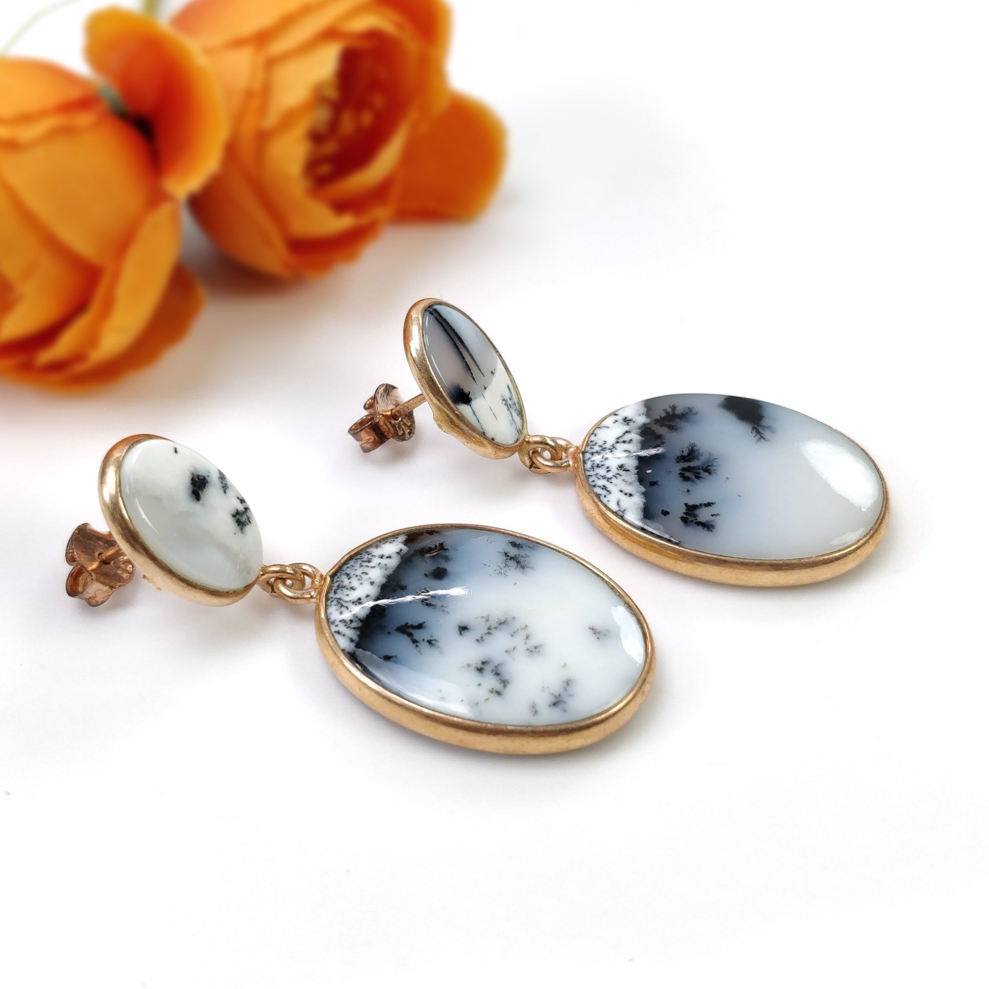 Botswana Agate Gemstone Earrings - 13.44g Natural 925 Sterling Silver Rose Gold Plated Oval Bezel Set Push Back Stud Earrings for Women | Elegant Jewelry Gift for Birthday, Anniversary & Special Occasions