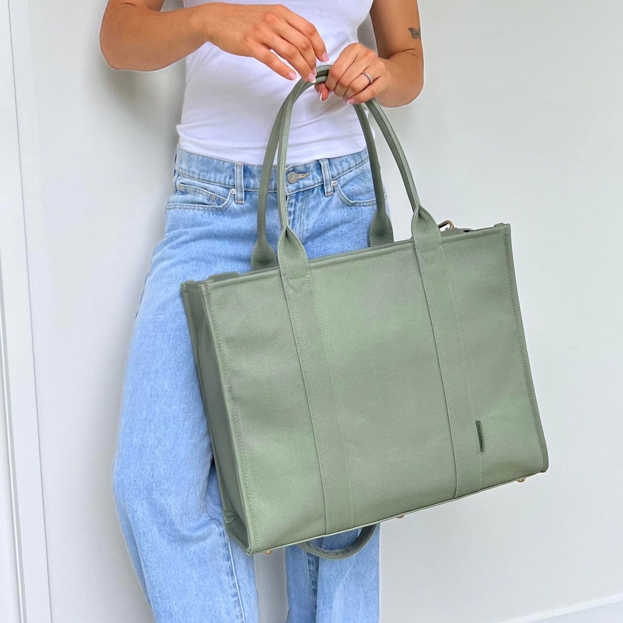 Large Bon Vivant Structured Tote Bag in Sage Green - Stylish & Spacious Handbag for Women, Perfect for Work, Travel, and Everyday Use