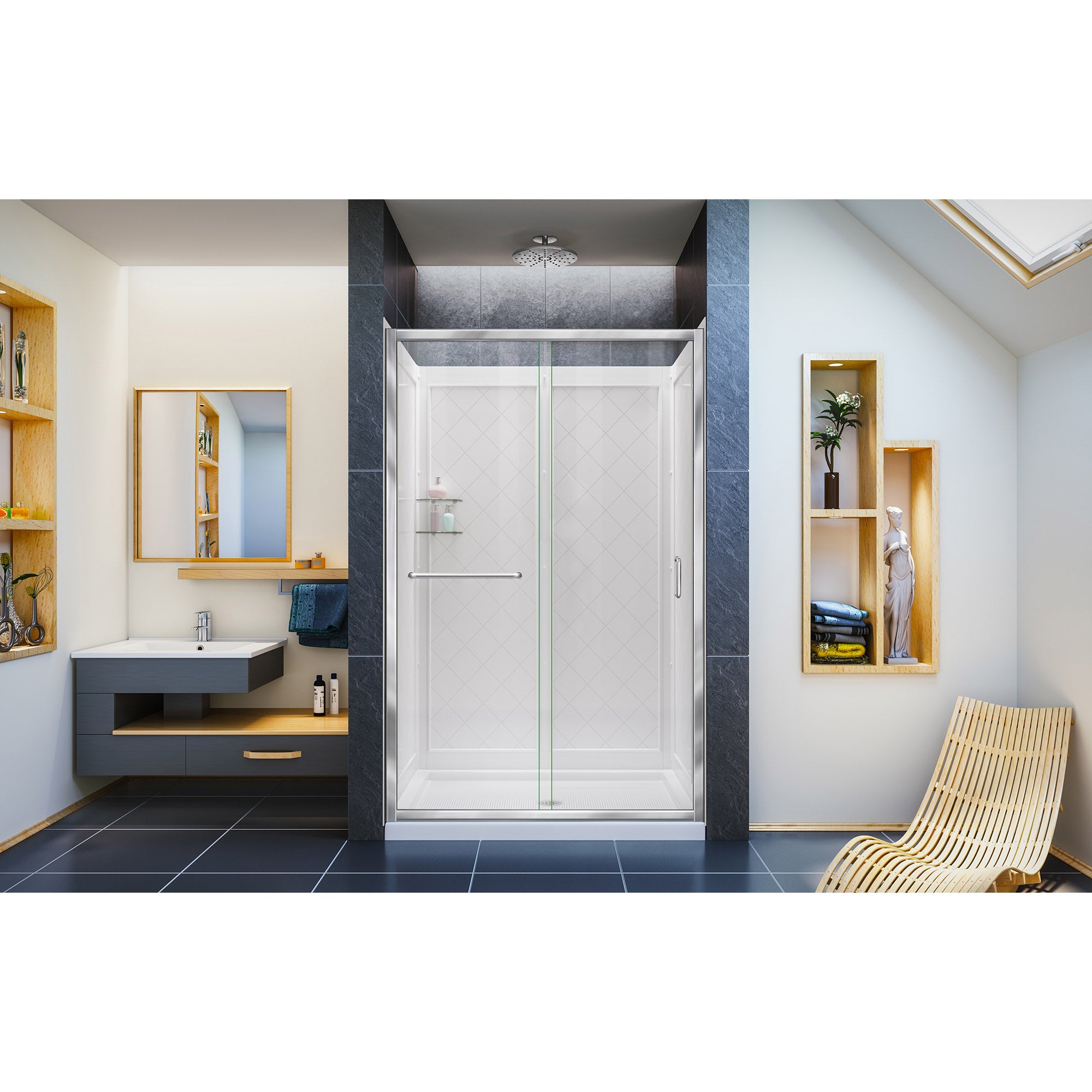 DreamLine Infinity Z 36x48x76.75 Inch Semi-Frameless Sliding Shower Door with Clear Glass, Shower Base & Q WALL 5 Backwall Kit - Modern Bathroom Upgrade for Home & Spa Experience