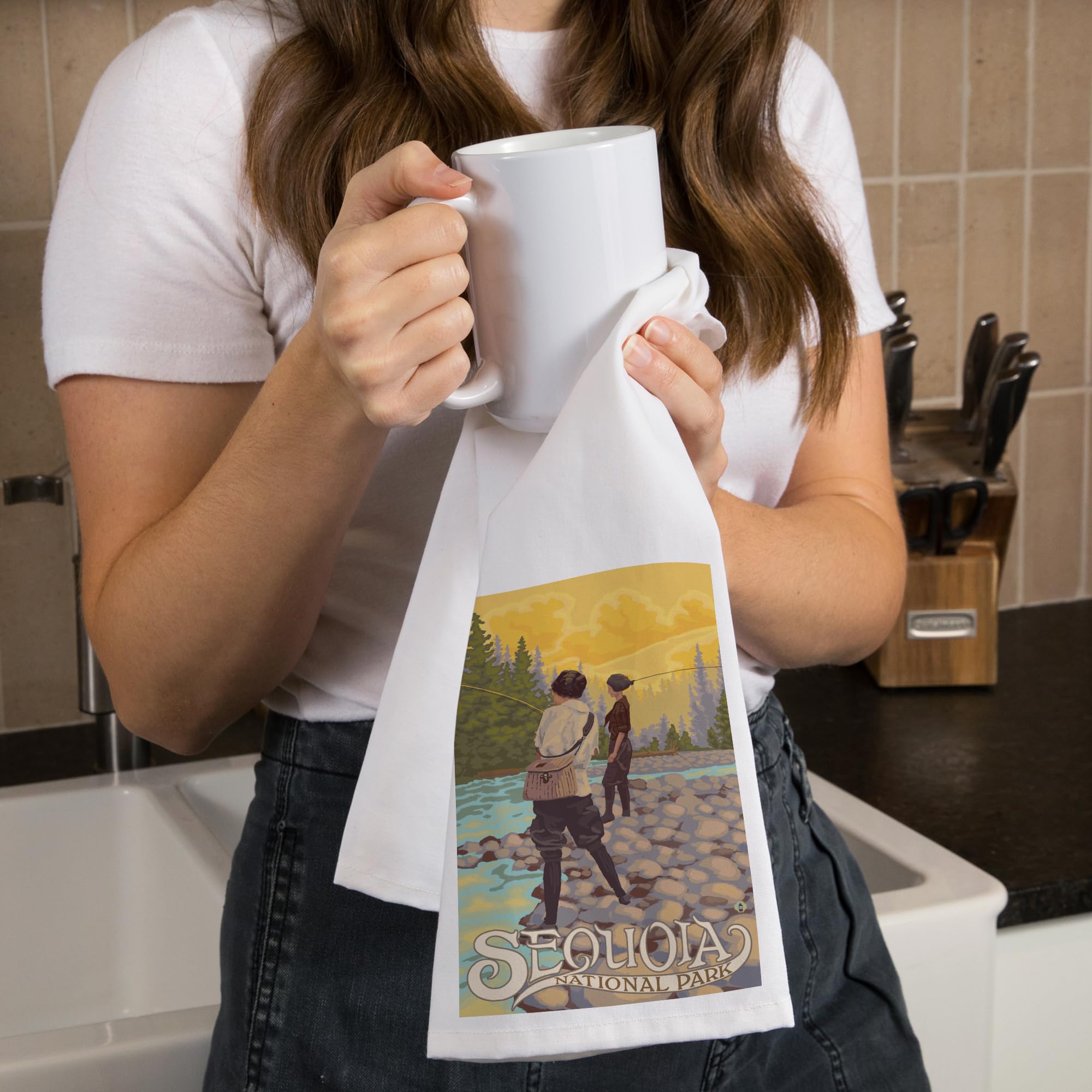 Lantern Press Sequoia National Park Women Fishing Tea Towel - 100% Cotton Decorative Hand Towel for Kitchen, Home Decor & Gifts - Perfect for Dish Drying, Wall Art & Cozy Cabin Decor