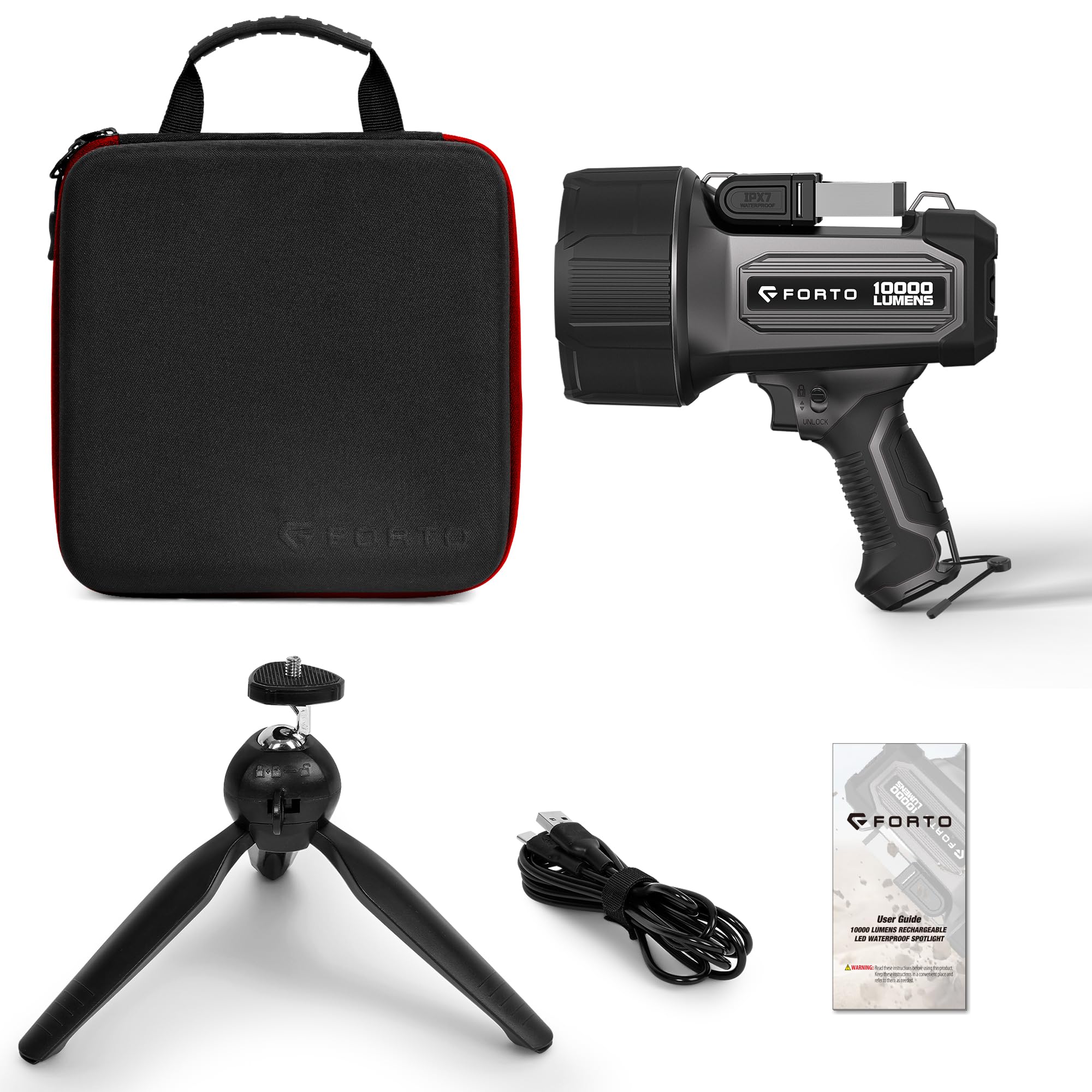 FORTO 10000 Lumen Rechargeable Spotlight - Ultra Bright IPX7 Waterproof Flashlight with 7 Light Modes & Tripod | Includes EVA Carrying Case | Perfect for Marine Boating, Hunting, Camping & Emergency Use