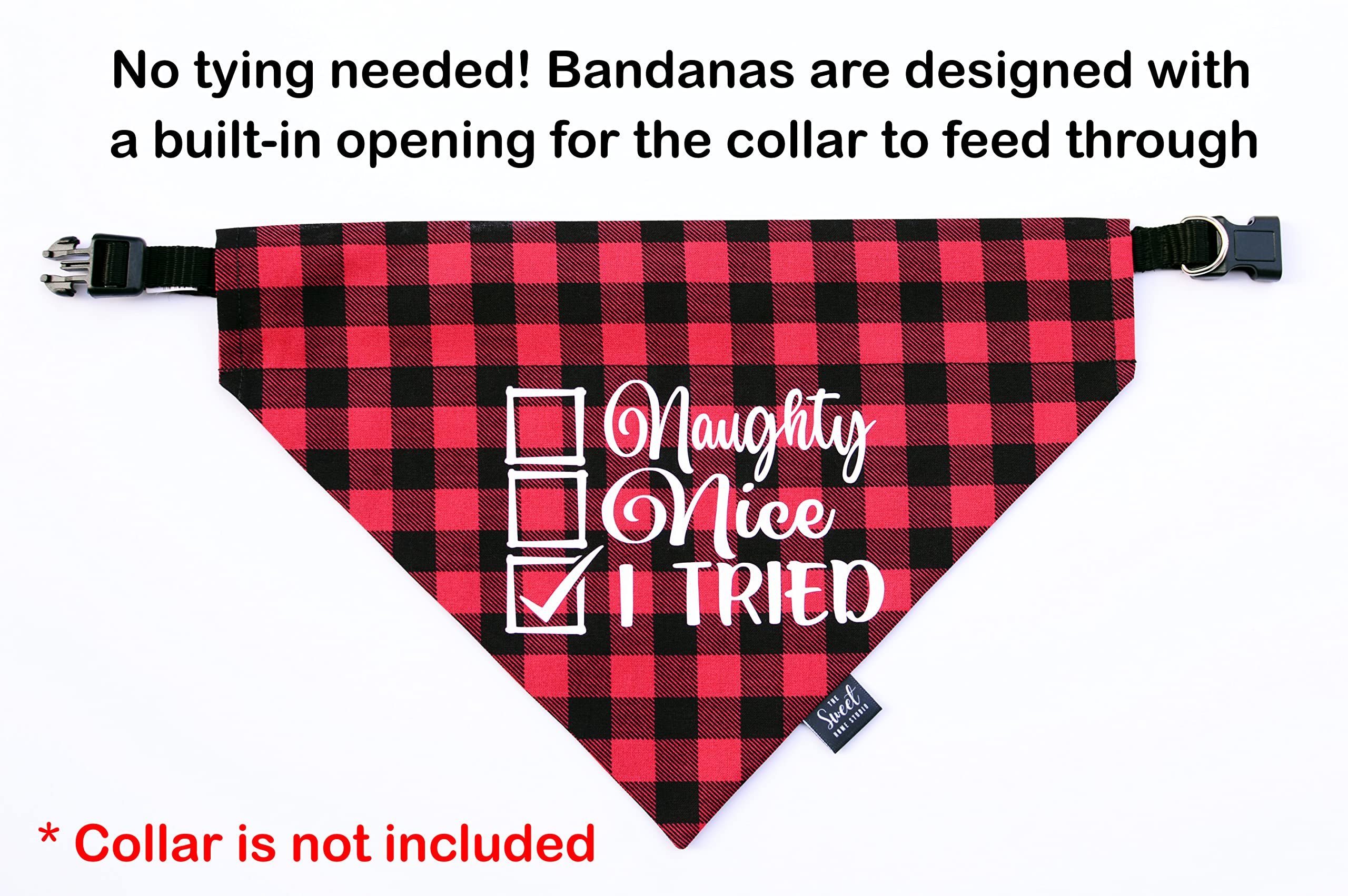 Festive Christmas Dog Bandana - Winter Slip-On Pet Scarf for Dogs & Cats - Holiday Pet Accessory (Naughty, Nice, I Tried) - Perfect for Holiday Photos & Family Gatherings