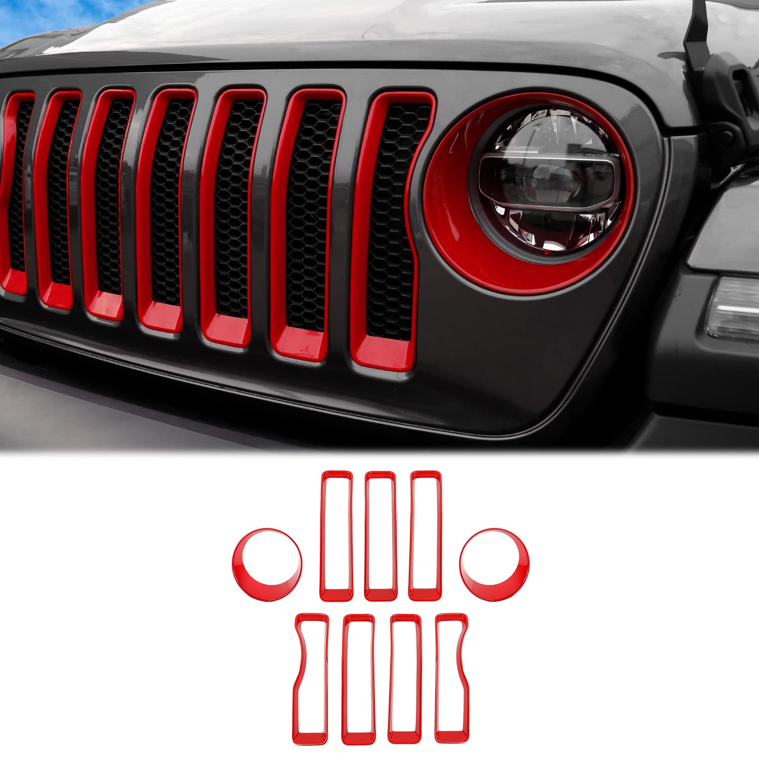 CheroCar Red Mesh Grille Grill Insert & Headlight Turn Signal Cover Trim - Exterior Accessories for 2018-2022 Jeep Wrangler JL | Off-Road Style Upgrade & Enhanced Protection