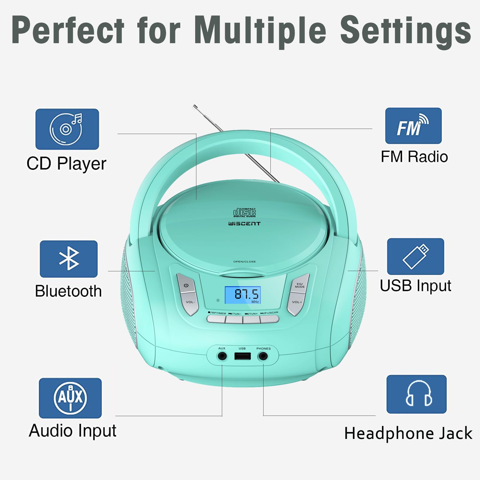 Portable CD Player Boombox with Bluetooth 5.0, FM Radio, USB MP3 Playback, 3.5mm AUX & USB Input - Compact Stereo System for Home, Office & Outdoor (Teal Limited Edition) - Perfect for Music Lovers, Travel & Parties