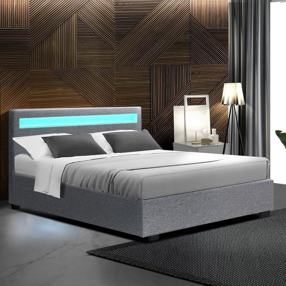 Cole LED Bed Frame with Fabric Upholstery & Gas Lift Storage - Grey Double Size, Perfect for Modern Bedrooms & Small Spaces with Built-in LED Lighting & Underbed Storage