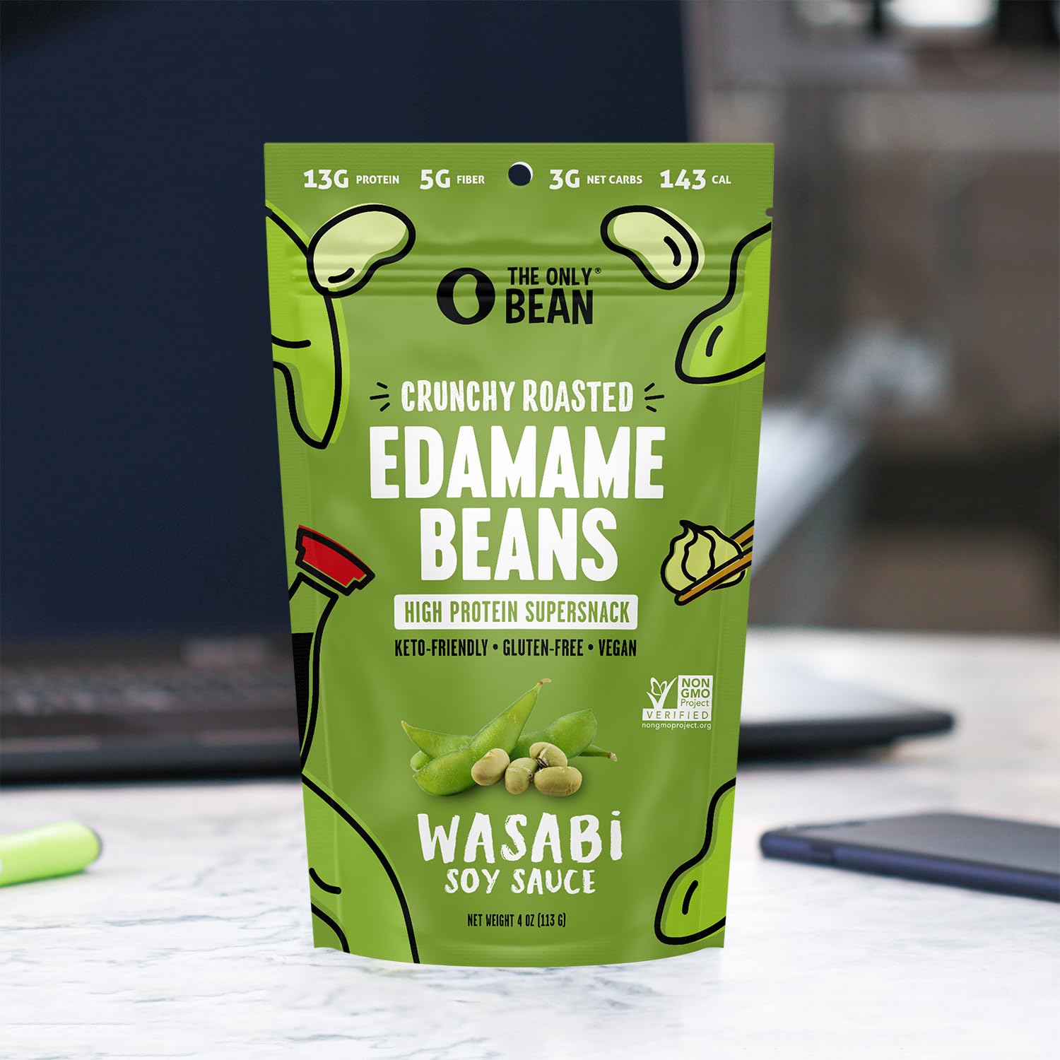 Dry Roasted Edamame Beans Snack - Wasabi Soy Sauce Flavor | High Protein, Low Carb, Gluten Free | Healthy Alternative to Wasabi Peas | Perfect for Office Snacks, Travel & Asian Cuisine Lovers | 4oz (Pack of 3)