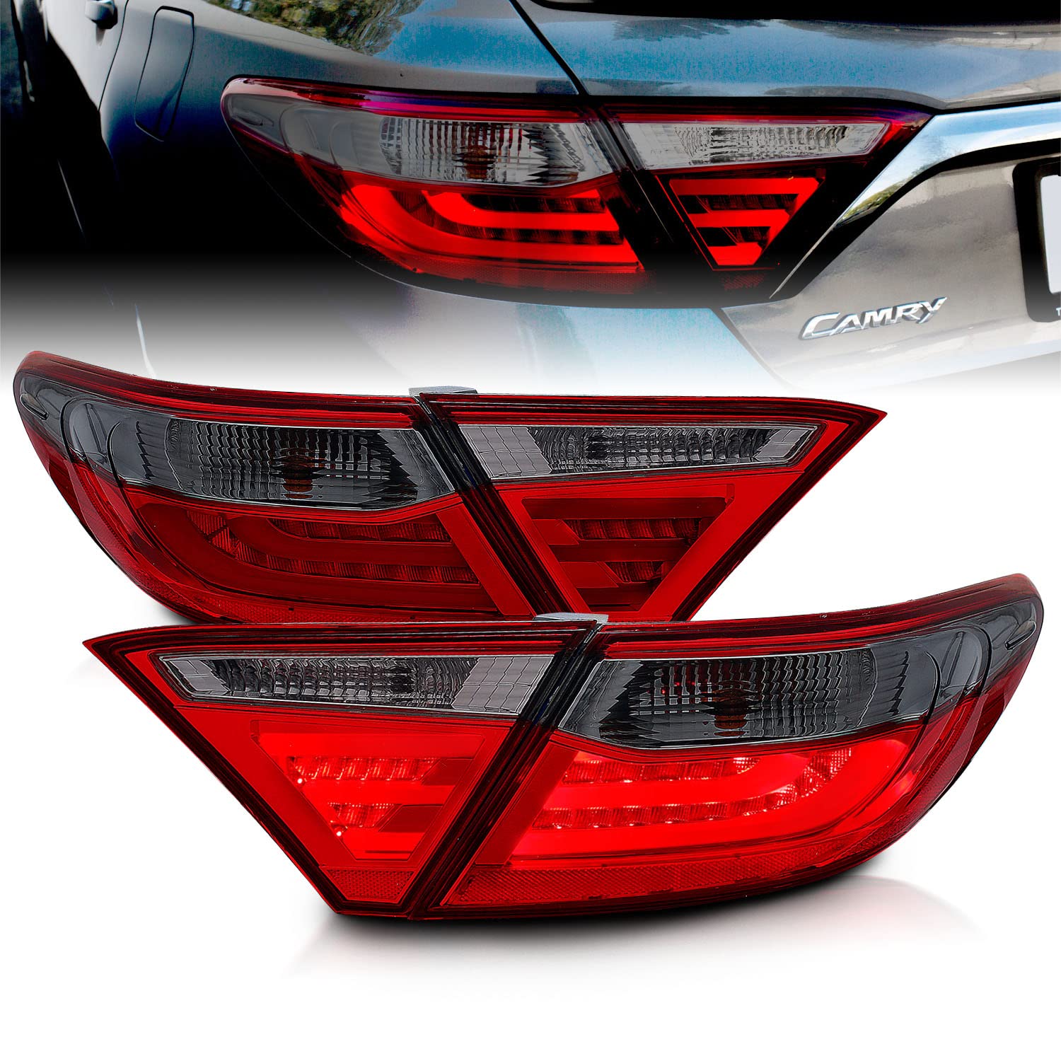 AmeriLite Red Smoke LED Parking Light Bar & Brake Tail Lights Pair - Compatible with 2015-2016 Toyota Camry 4-Door Sedan | Enhanced Visibility & Style for Night Driving & Custom Car Mods