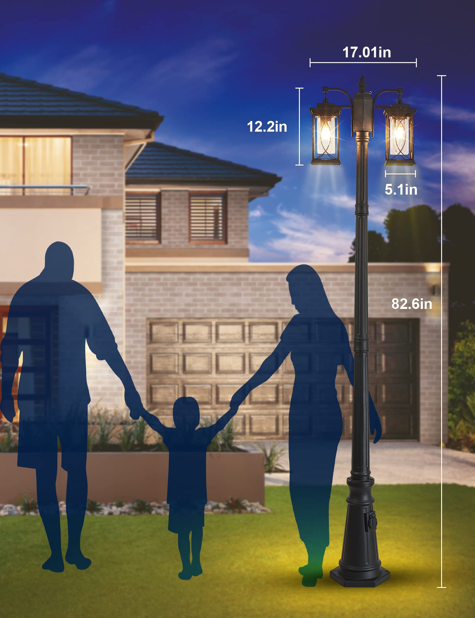 Dusk to Dawn Outdoor Lamp Post Light - Modern 2-Head Street Pole Light Fixture with Outlet, Waterproof Black Exterior Light for Backyard, Garden, Patio & Driveway | Perfect for Landscape Lighting, Pathway Illumination & Home Security