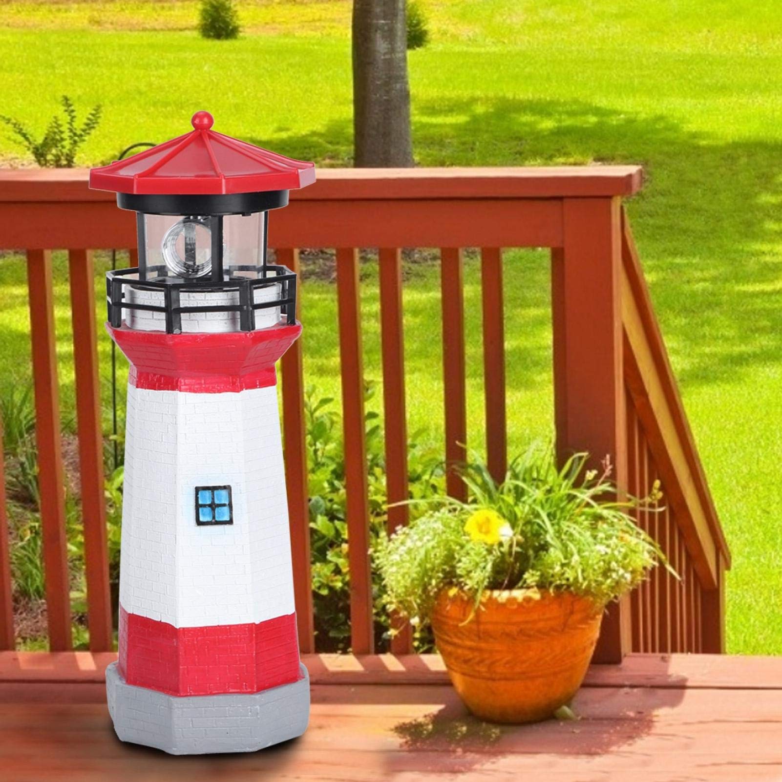 Voluxe Solar Lighthouse with Rotating Beacon - Fast Charging Yard Lights with 2 Solar Panels - Red and White Decorative Outdoor Light (10.6x3.9x3.9in) - Perfect for Garden, Patio, Lawn, and Tabletop Decor