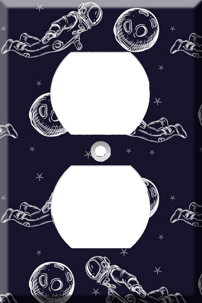 Single Duplex Outlet Cover Wall Plate - Astronaut & Planet Space Design - Decorative Electrical Switch Plate for Kids Room, Nursery, or Space-Themed Home Decor