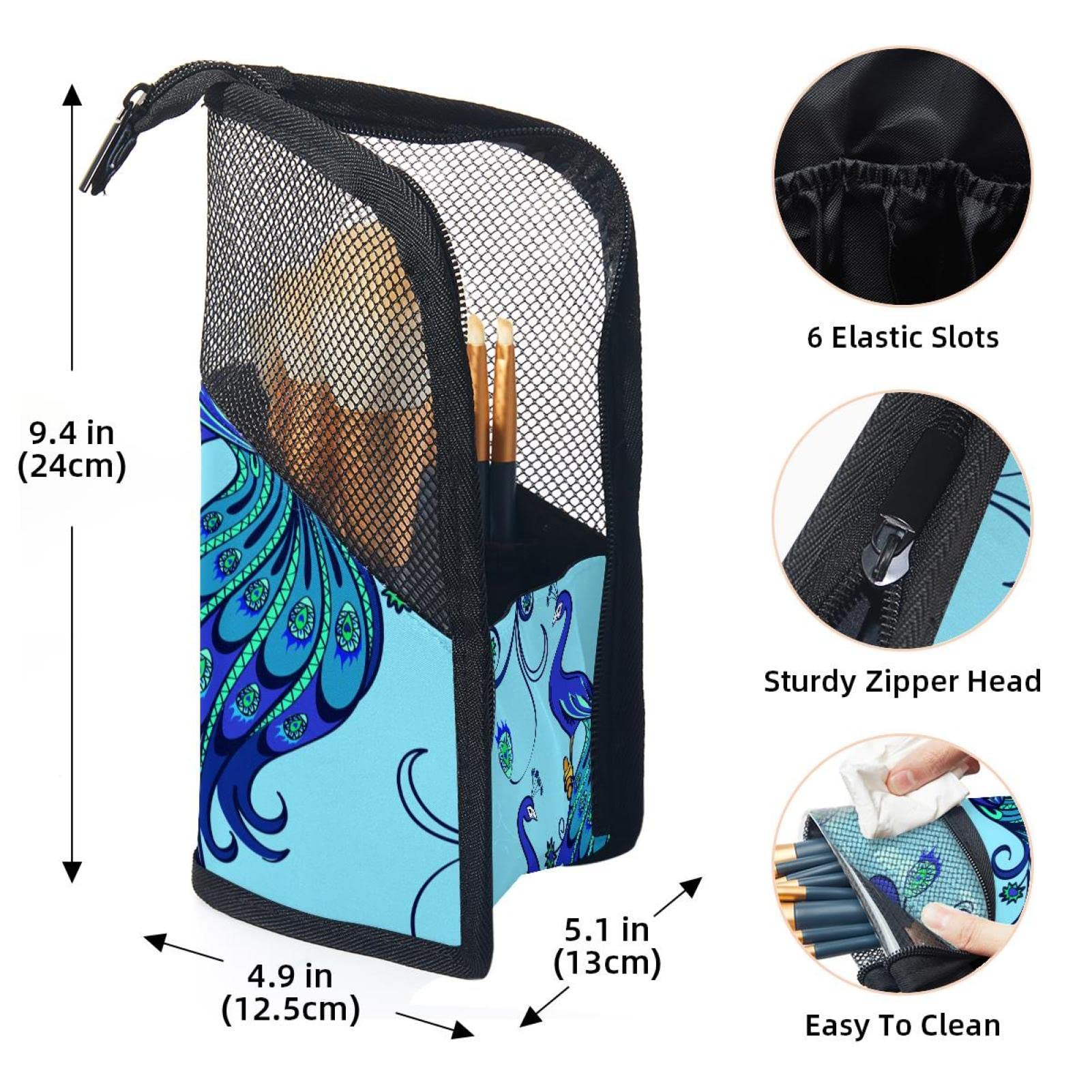 Premium Makeup Brush Organizer Bag with 12 Brushes - Blue Peacock Feather Design, Portable Cosmetic Brush Holder Case for Travel & Home Storage