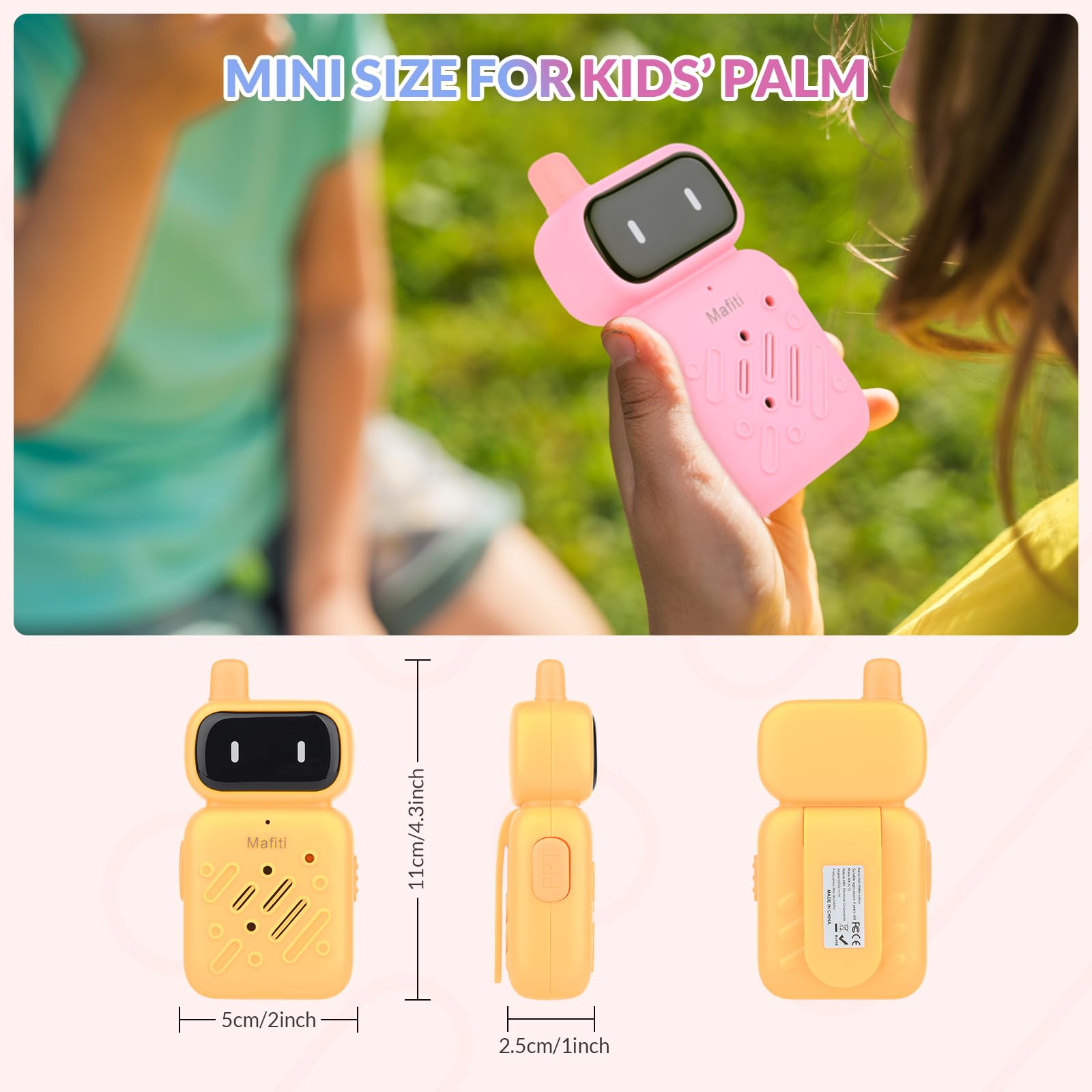 Mafiti Rechargeable Kids Walkie Talkies 2 Pack - 1000FT Range, Single Channel Toy Walkie Talkies for Boys & Girls Ages 4-10 - Perfect for Camping, Hiking, Outdoor Adventures & Indoor Games (Yellow & Pink)