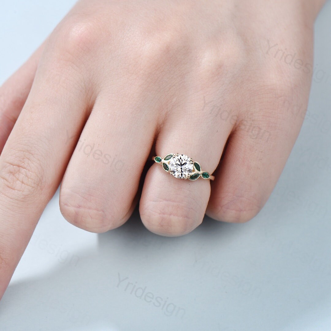 1CT Moissanite Engagement Ring with Lab Emerald Accents - Solid Gold Wedding Band, Art Deco Promise Ring for Women - Anniversary & Bridal Gift - Perfect for Proposals, Weddings, and Special Occasions