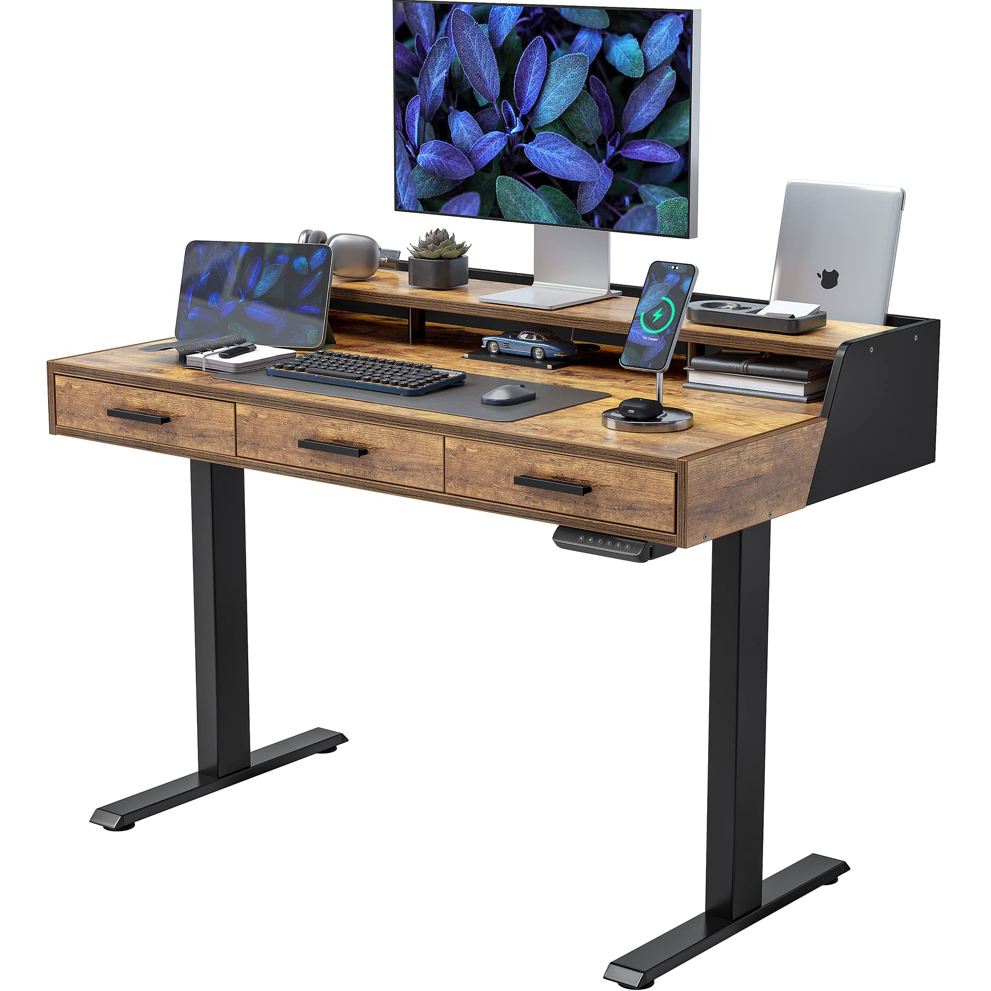 FEZIBO 48x24 Inch Electric Standing Desk with Drawers - Adjustable Height Sit Stand Desk with Monitor Shelf, Rustic Brown Home Office Desk for Work from Home & Gaming Setup